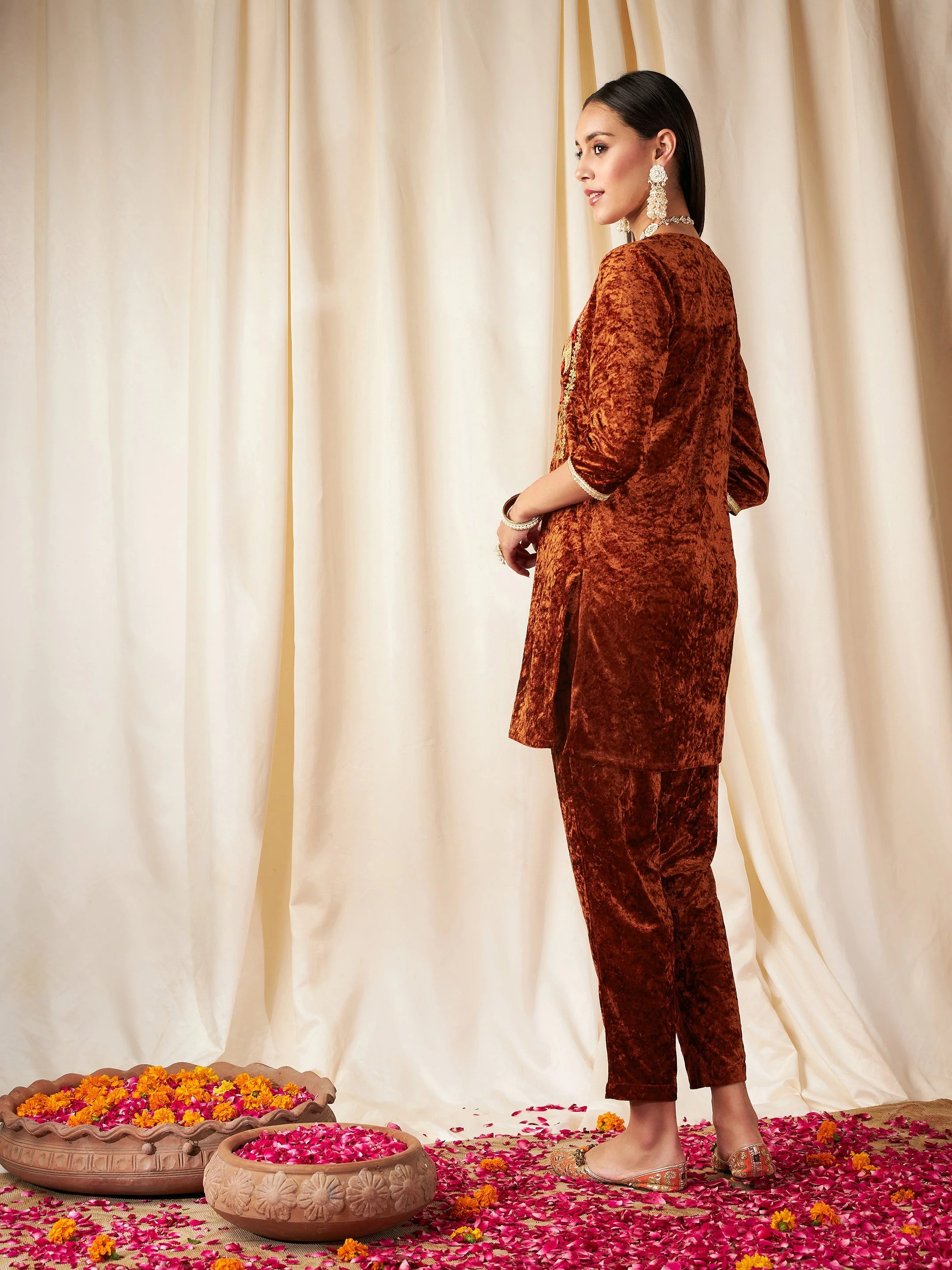 Women Rust Velvet Embroidered Yoke Short Kurta - Image 5