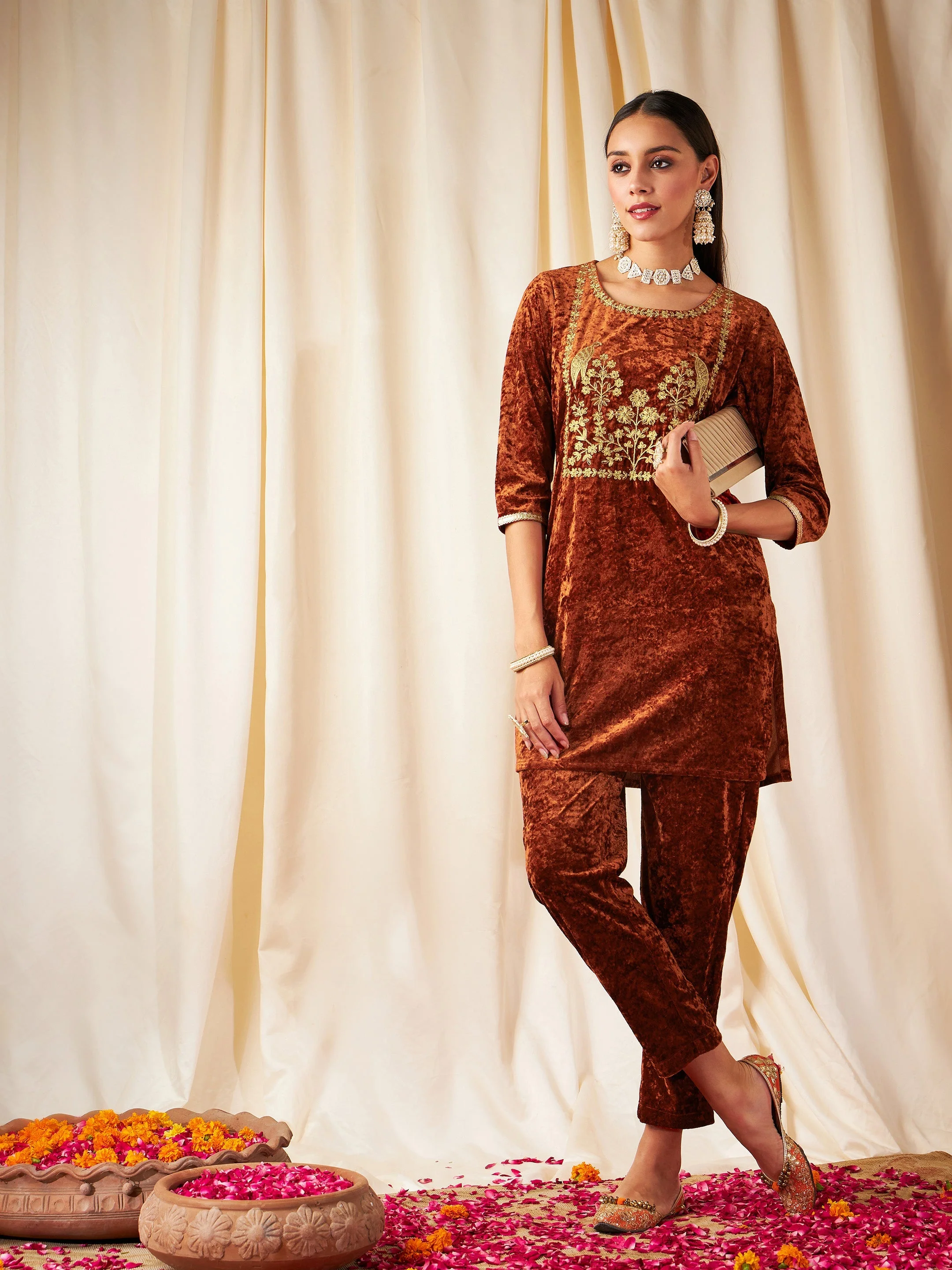 Women Rust Velvet Embroidered Yoke Short Kurta - Image 6