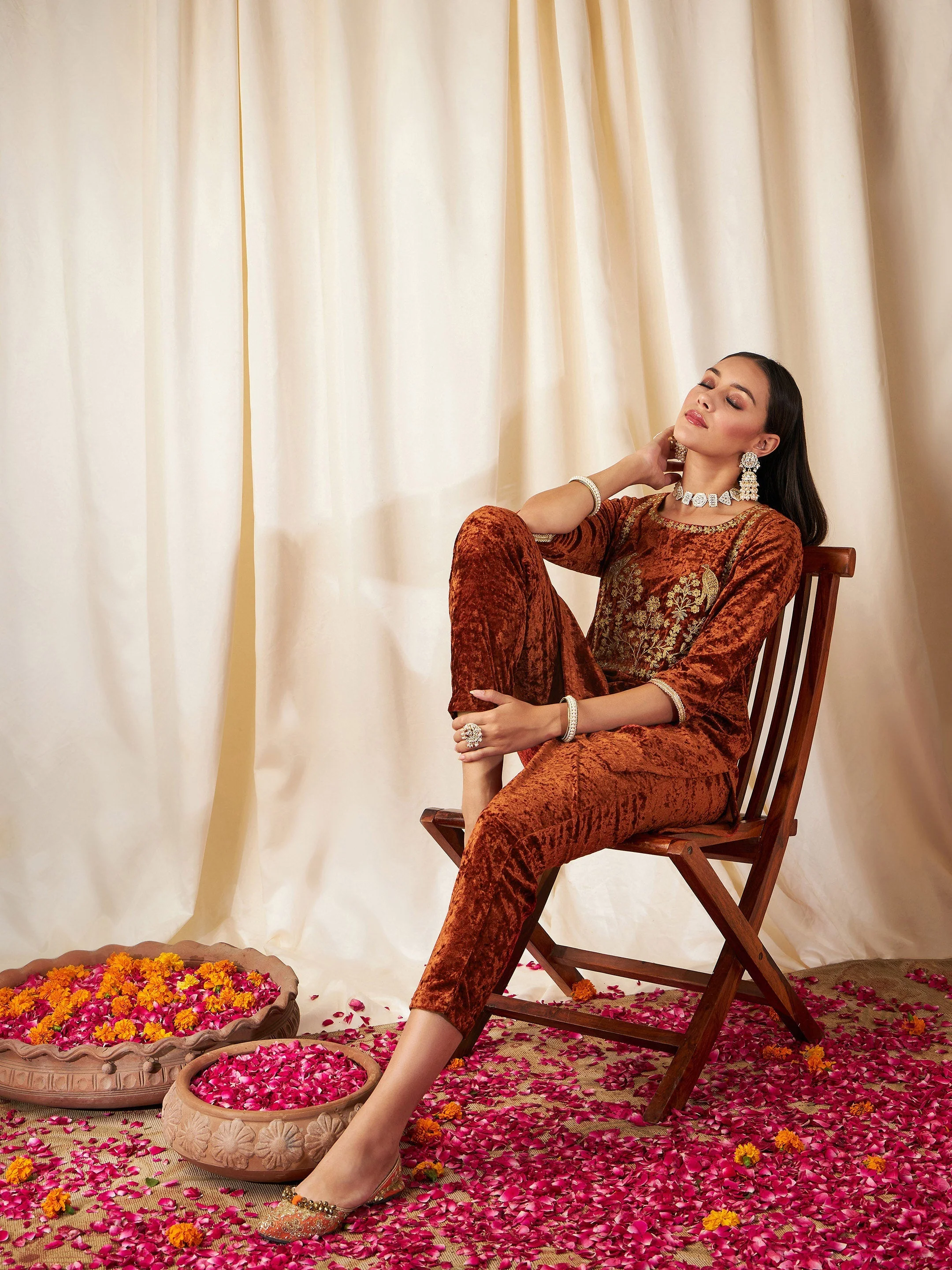 Women Rust Velvet Embroidered Yoke Short Kurta With Pants - Image 2