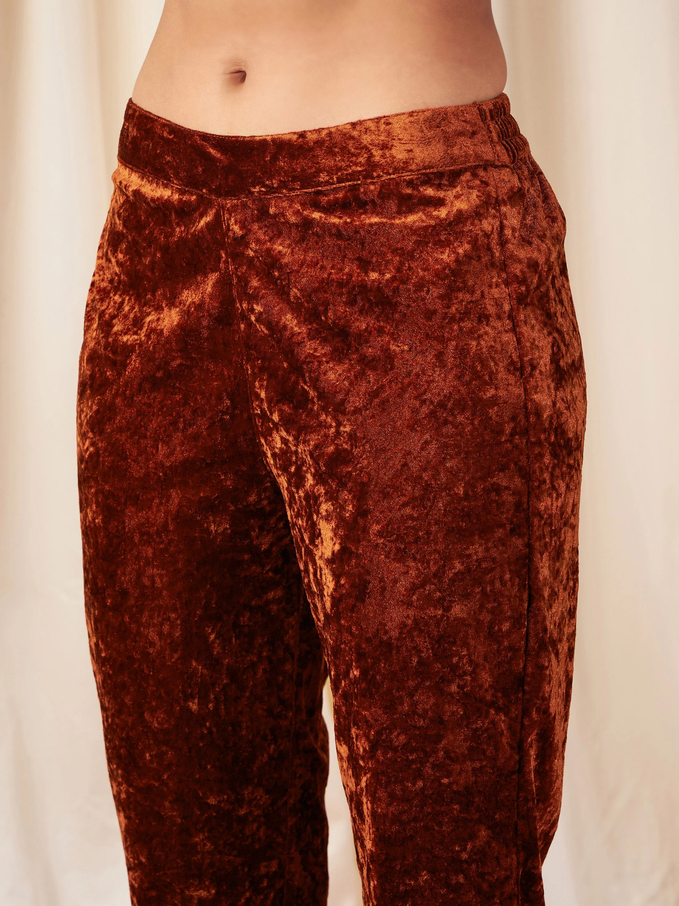 Women Rust Velvet Embroidered Yoke Short Kurta With Pants - Image 5