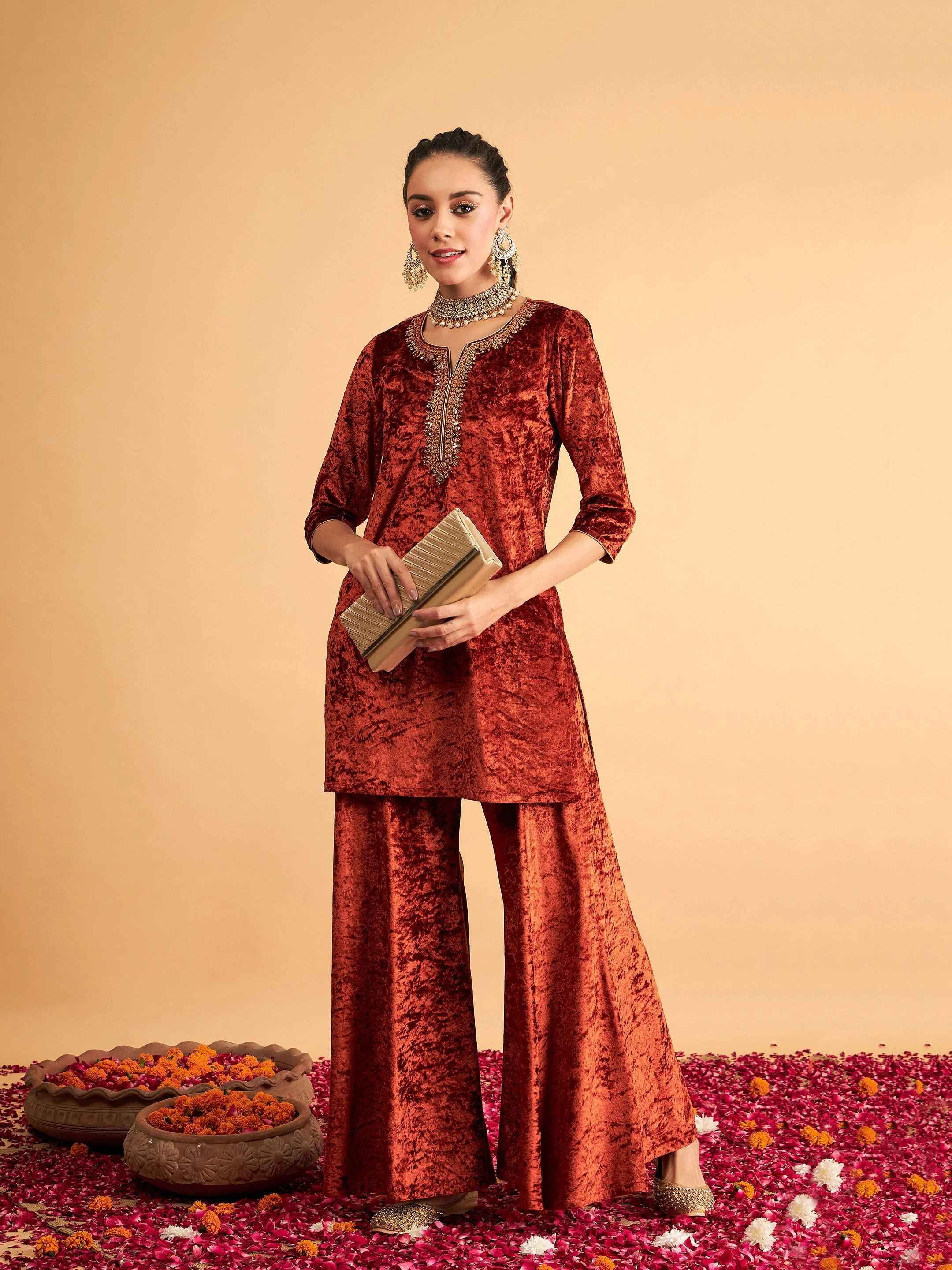 Women Rust Velvet Palazzo Pants - Image 2