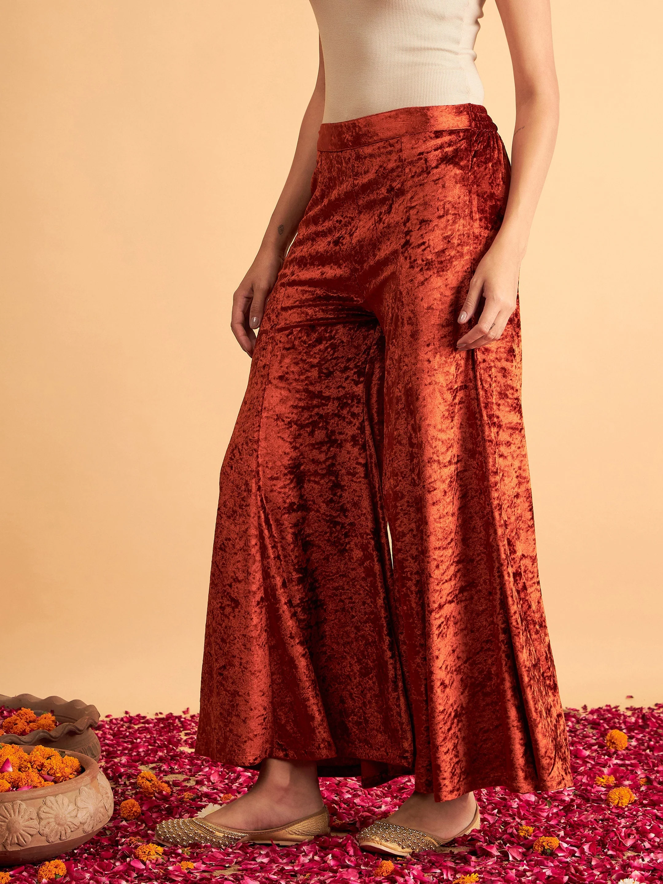 Women Rust Velvet Palazzo Pants - Image 3