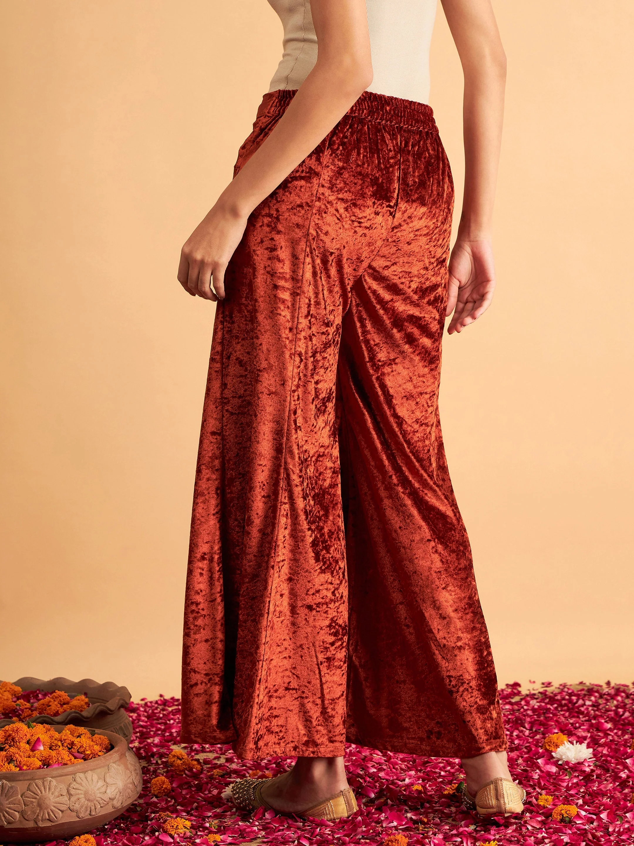 Women Rust Velvet Palazzo Pants - Image 5
