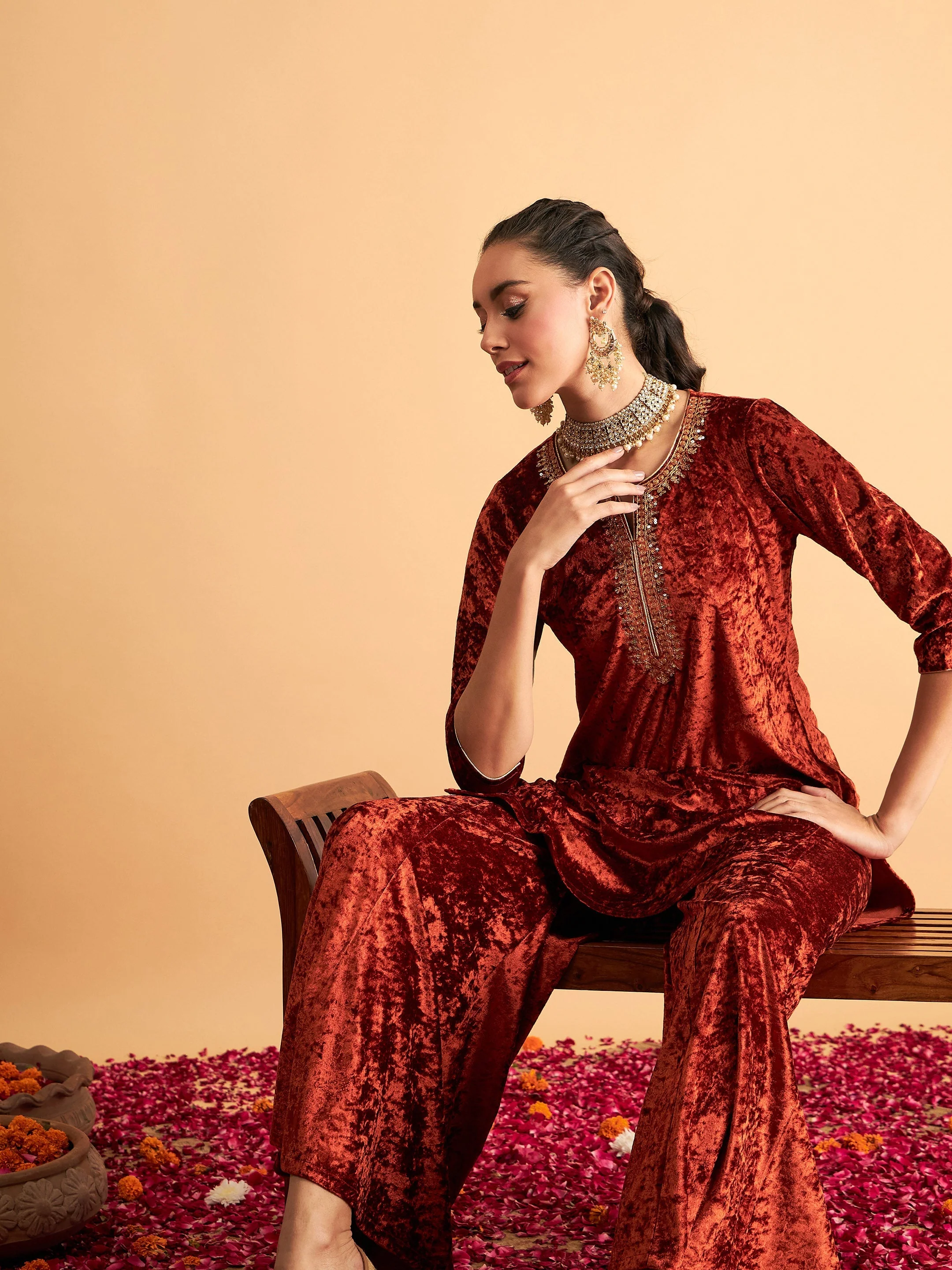 Women Rust Velvet Palazzo Pants - Image 6