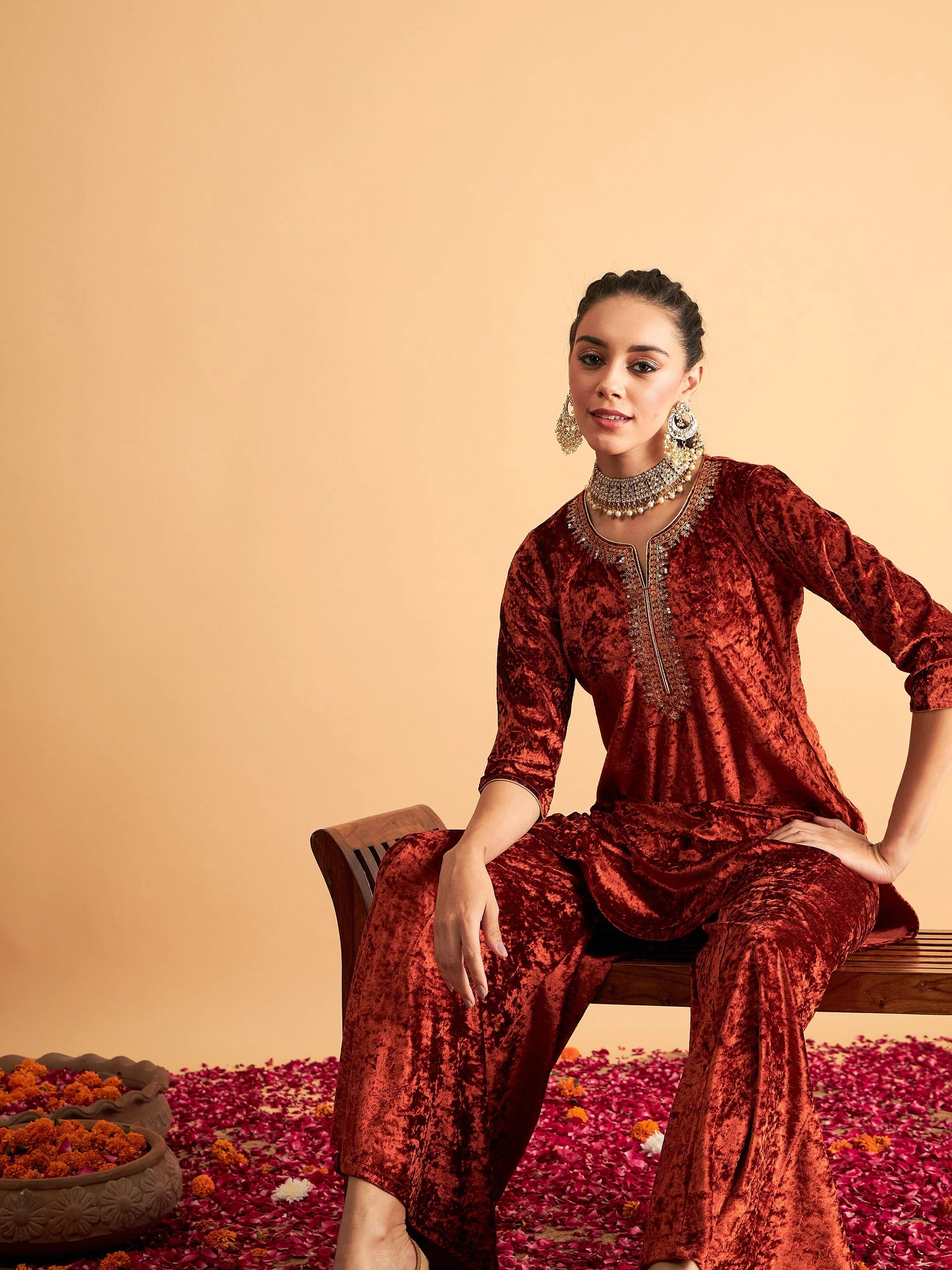 Women Rust Velvet Sequence Embroidered Short Kurta - Image 2