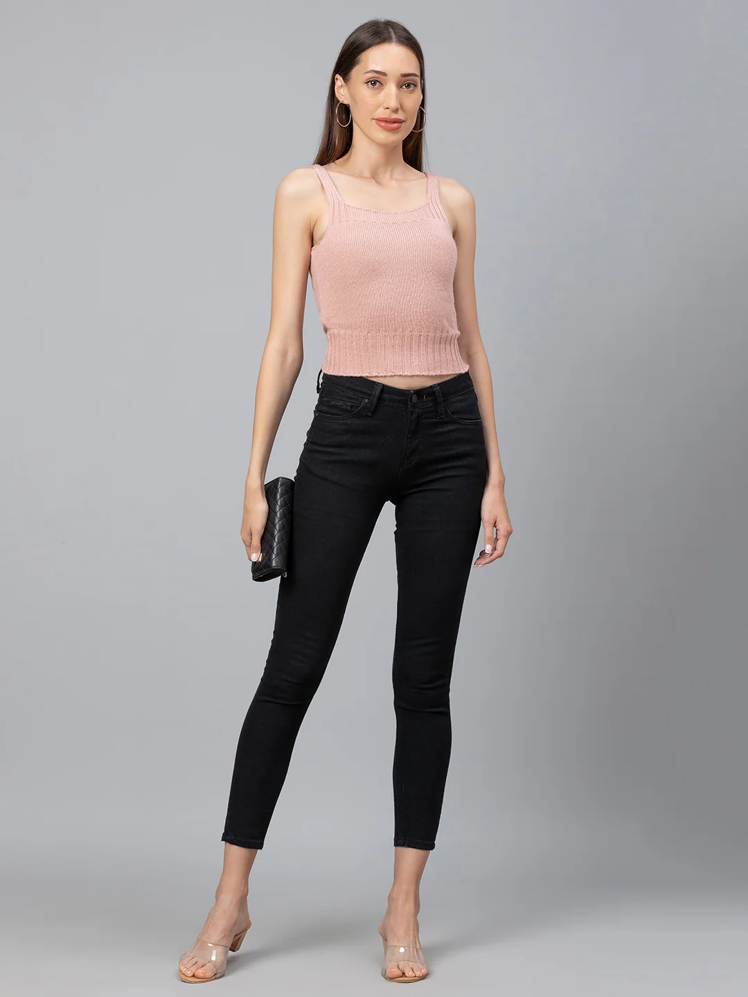 Women Salmon Cropped Knit Top - Image 2