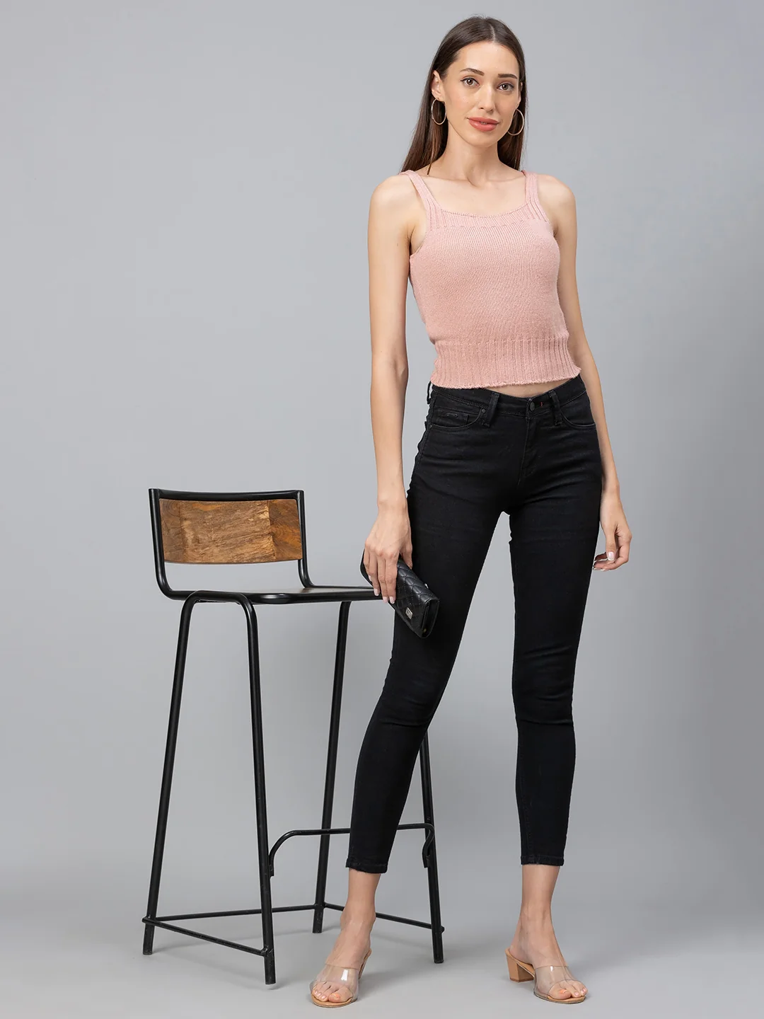 Women Salmon Cropped Knit Top - Image 6