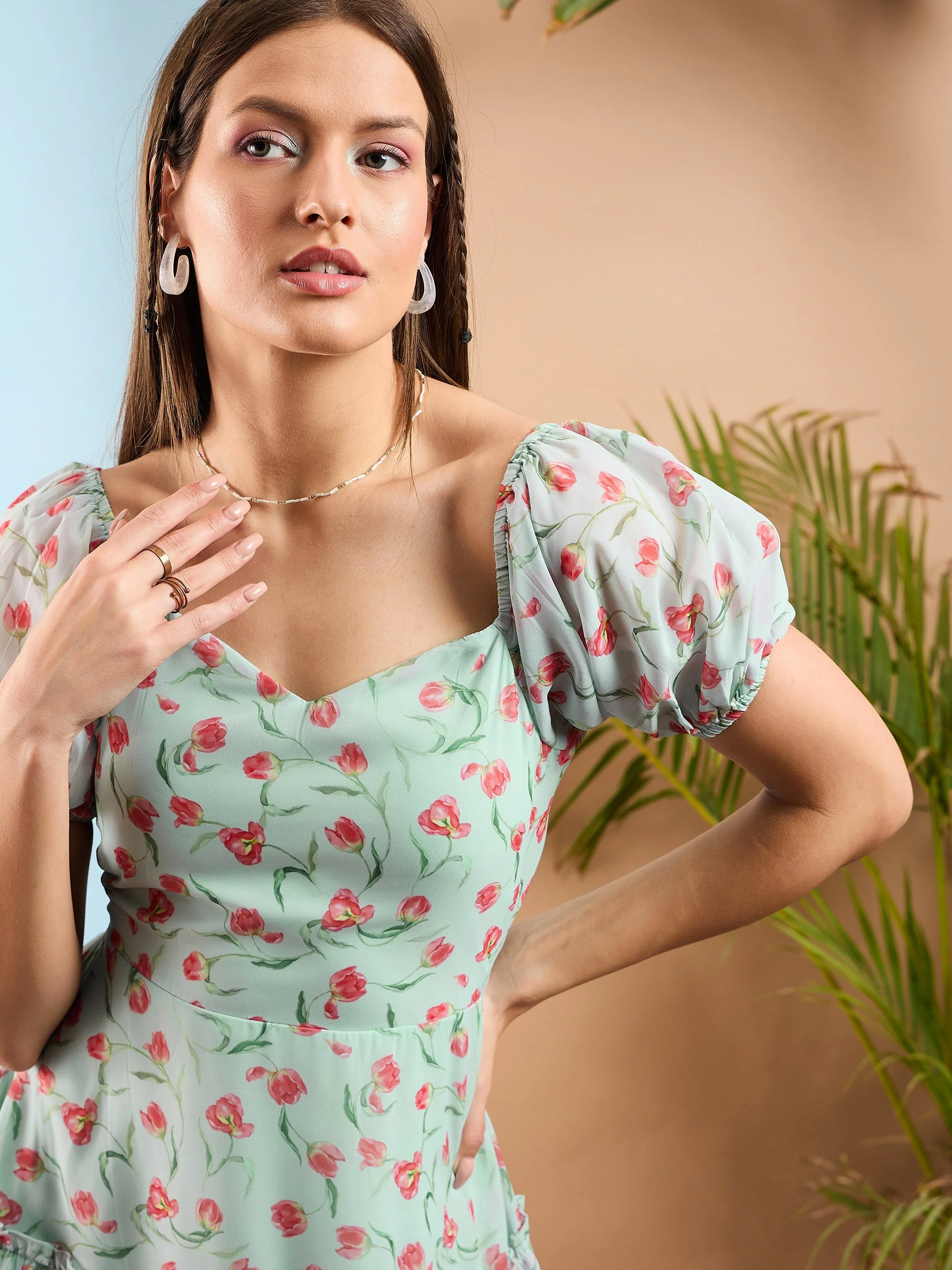 Women Sea Green Floral  Short Skater Dress - Image 3