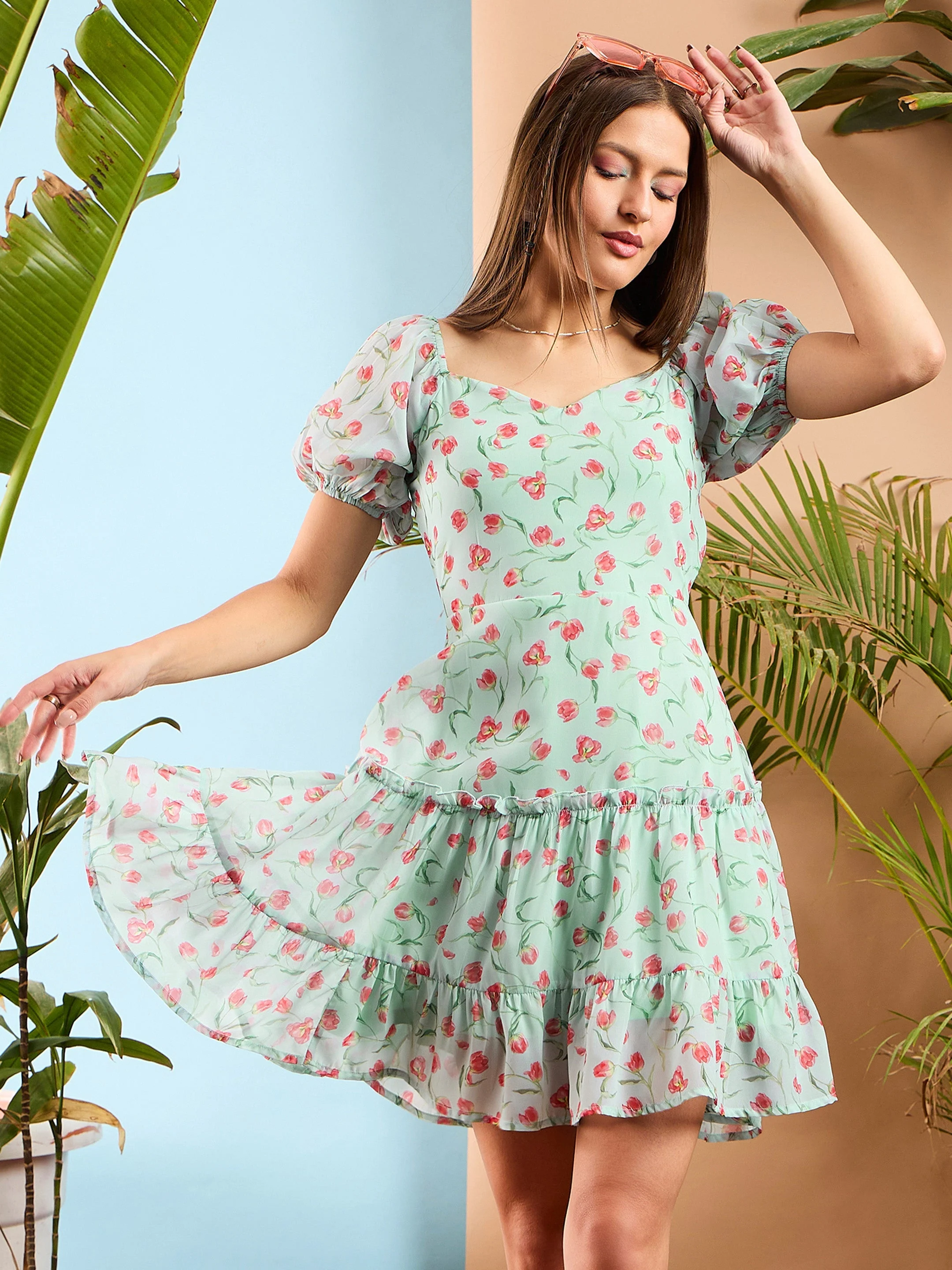 Women Sea Green Floral  Short Skater Dress - Image 4