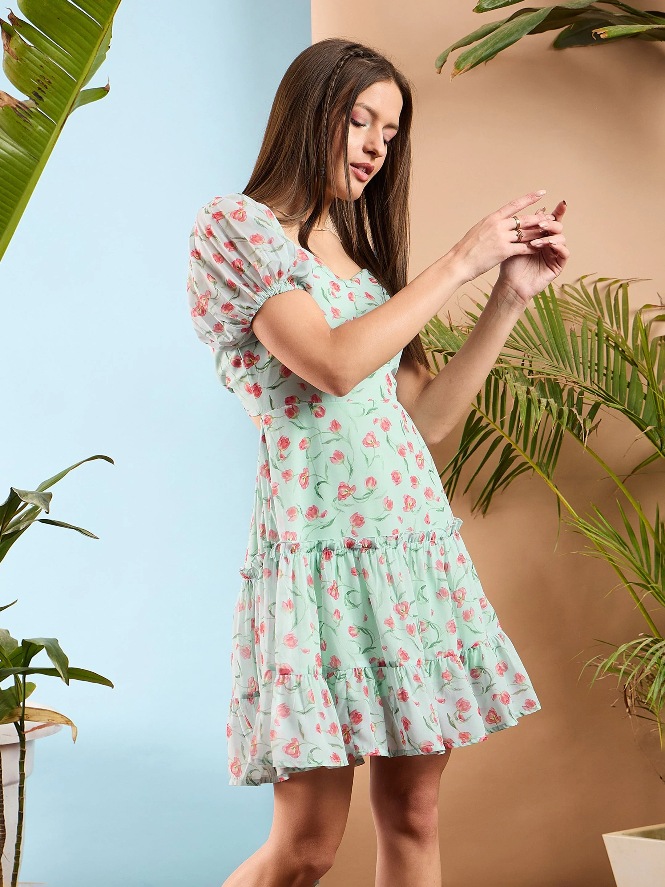 Women Sea Green Floral  Short Skater Dress - Image 6
