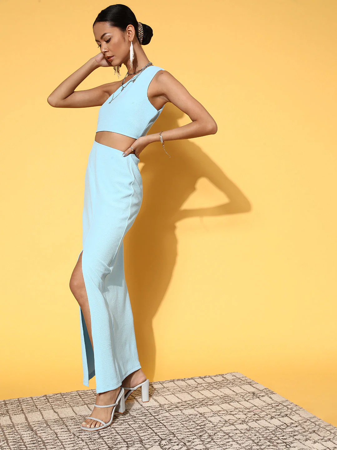 Women Sea Green One Shoulder Waist Cut-Out Bodycon Dress - Image 2