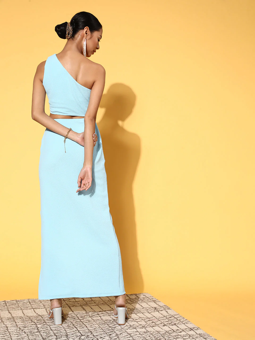 Women Sea Green One Shoulder Waist Cut-Out Bodycon Dress - Image 3