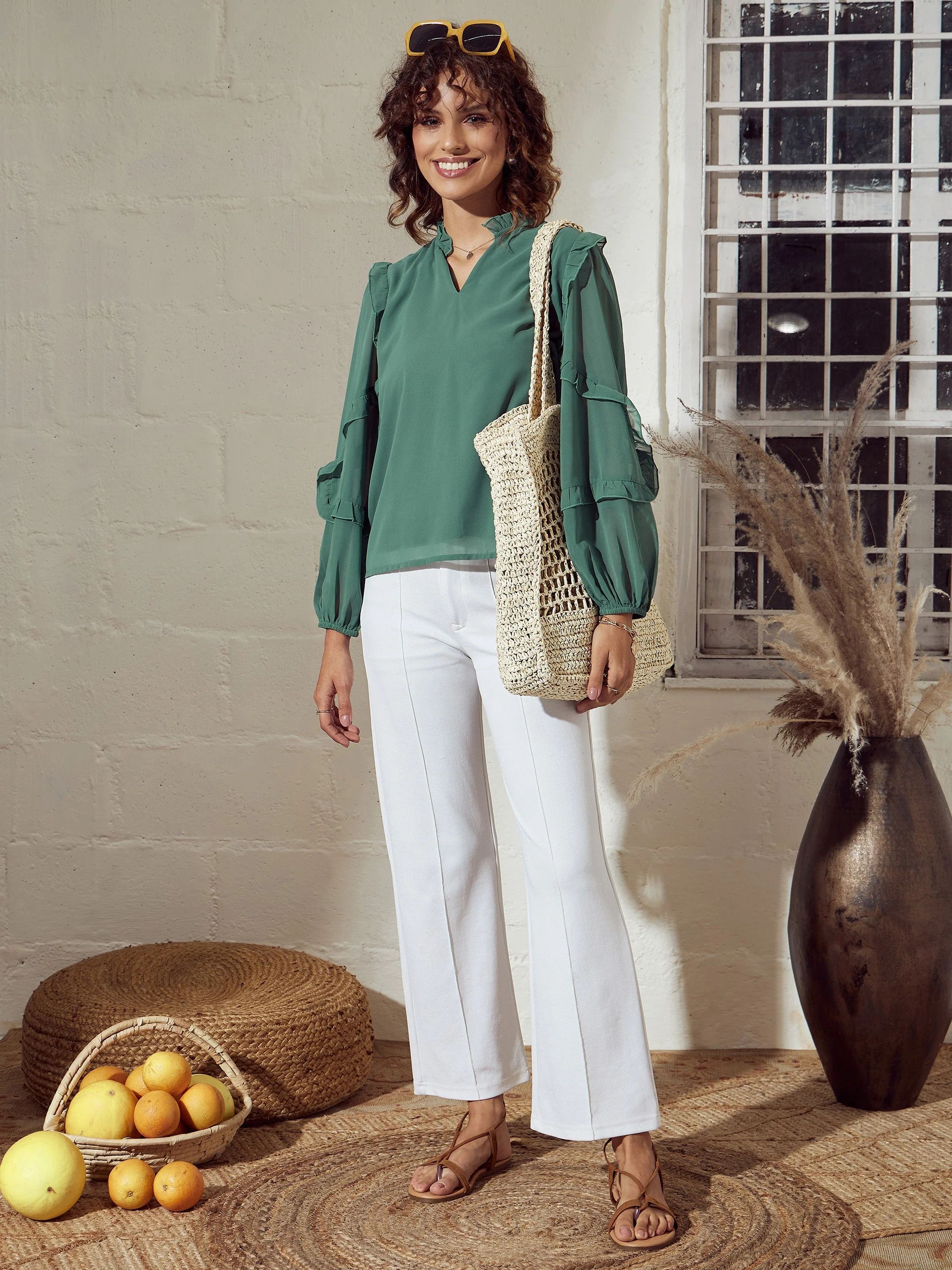 Women Sea Green Ruffle Detail Top - Image 2