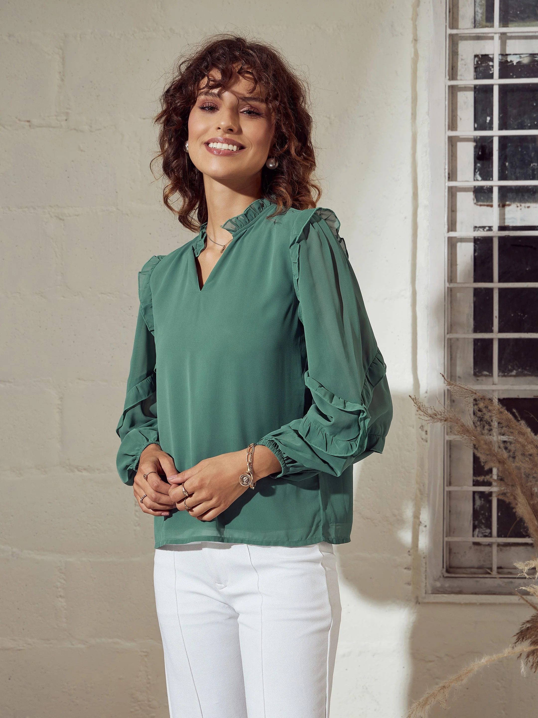 Women Sea Green Ruffle Detail Top - Image 3