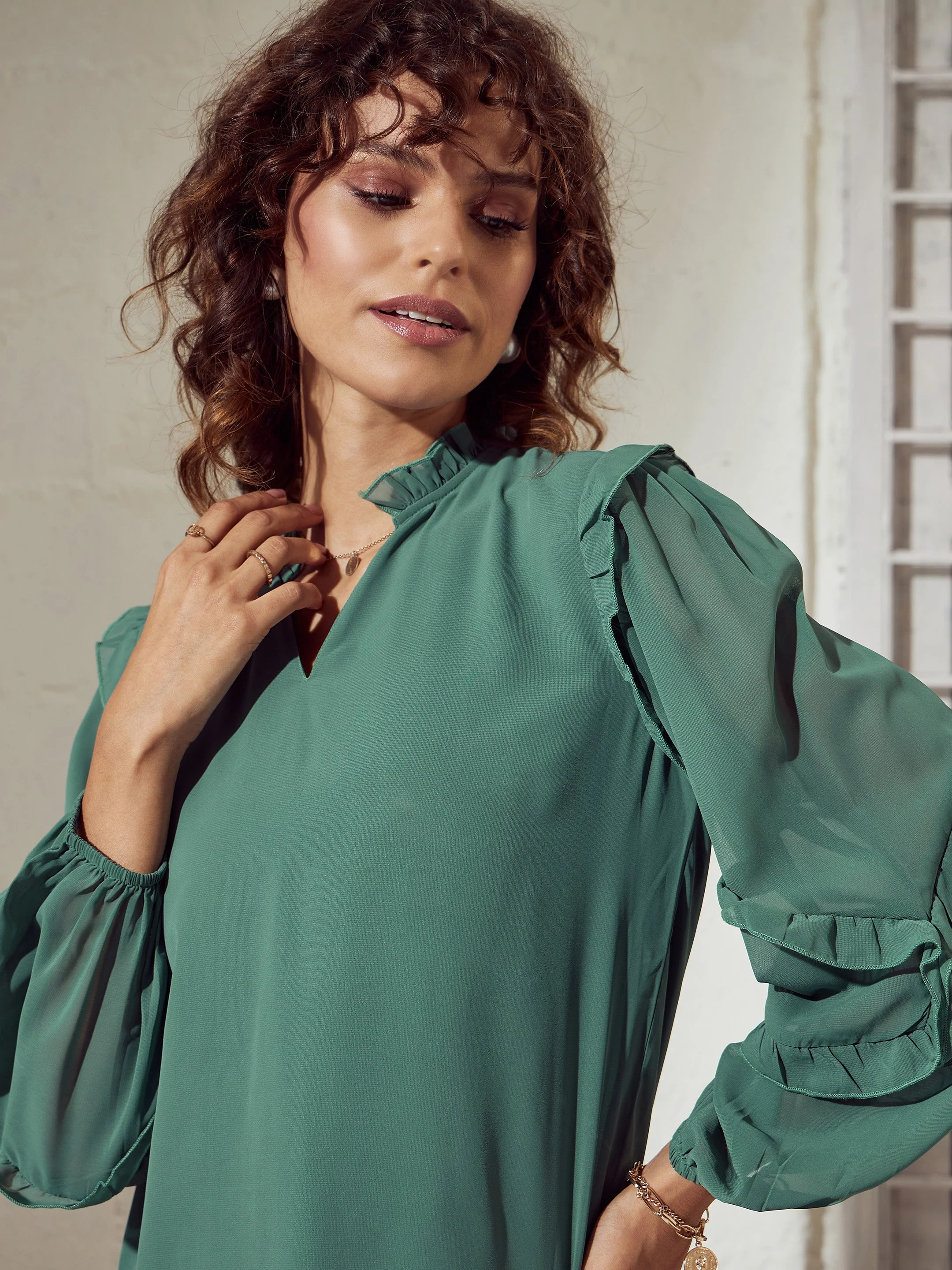 Women Sea Green Ruffle Detail Top - Image 4