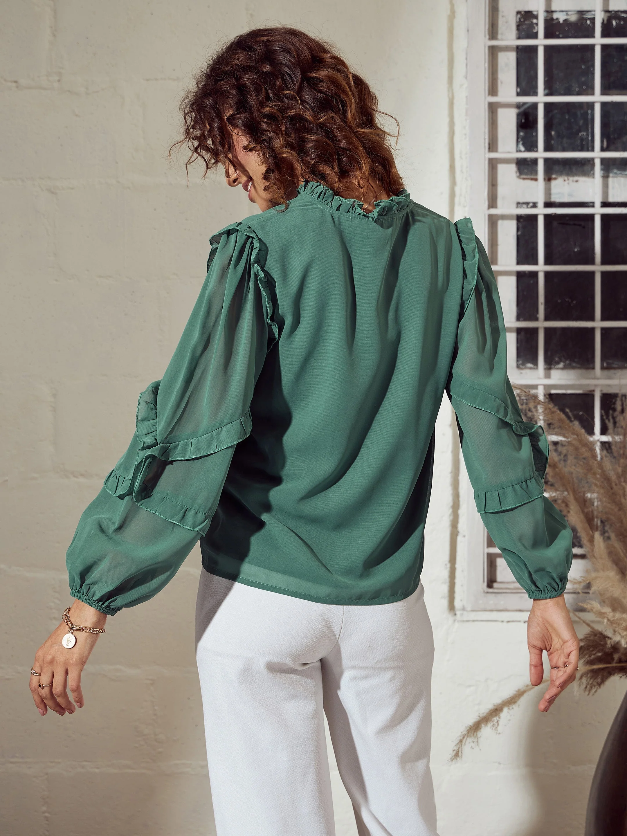 Women Sea Green Ruffle Detail Top - Image 5