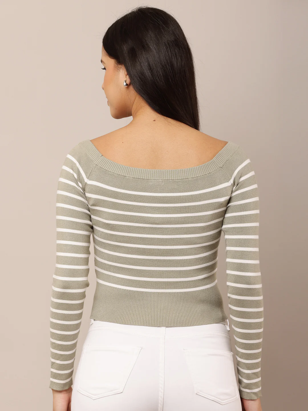 Women Sea Green Striped Boat Neck Sweater - Image 4