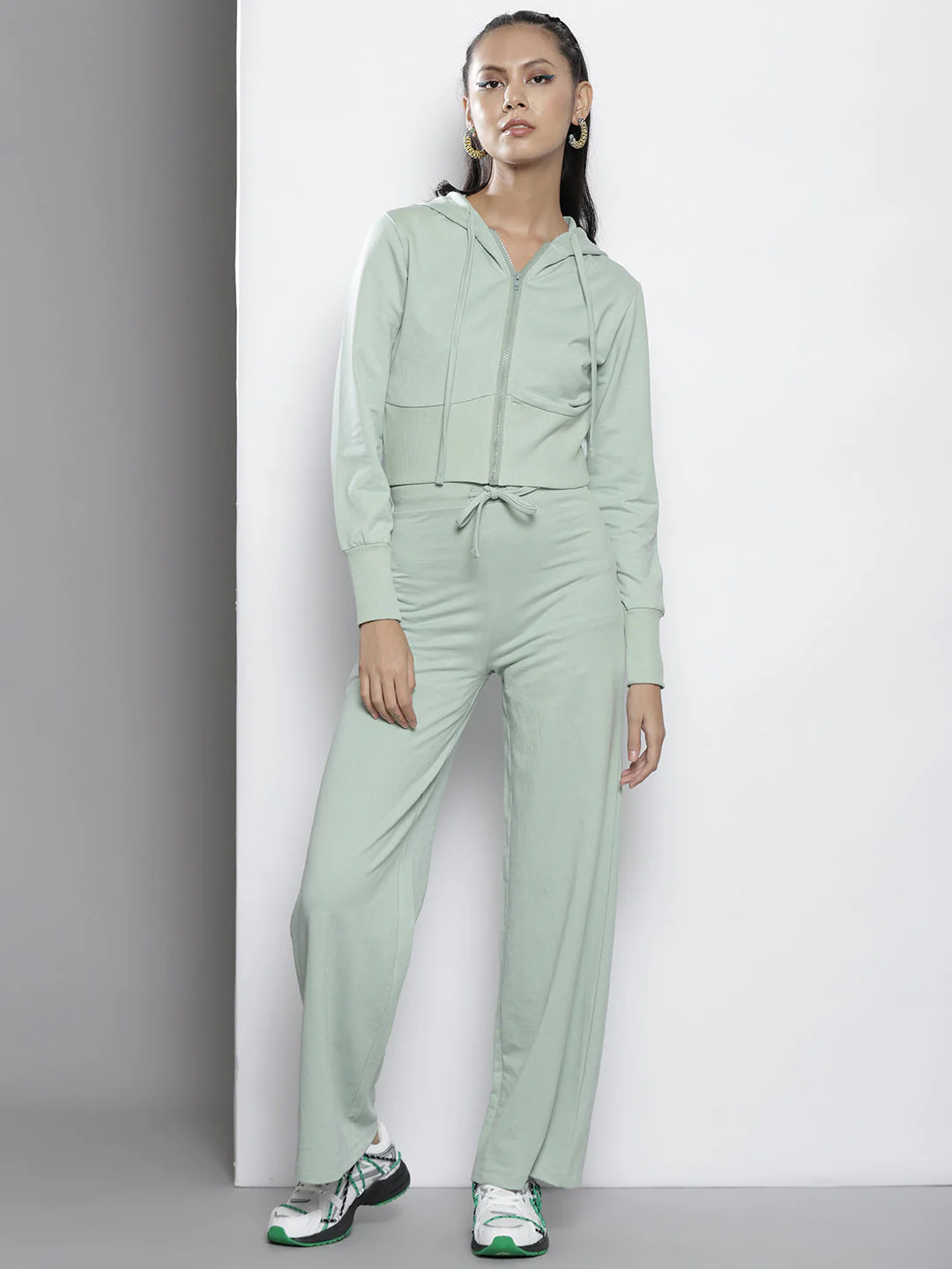 Women Sea Green Terry Hooded Jacket with Track Pants - Image 4