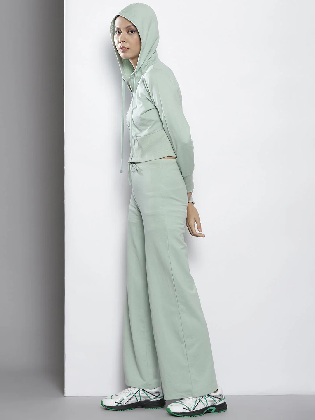 Women Sea Green Terry Hooded Jacket with Track Pants - Image 5