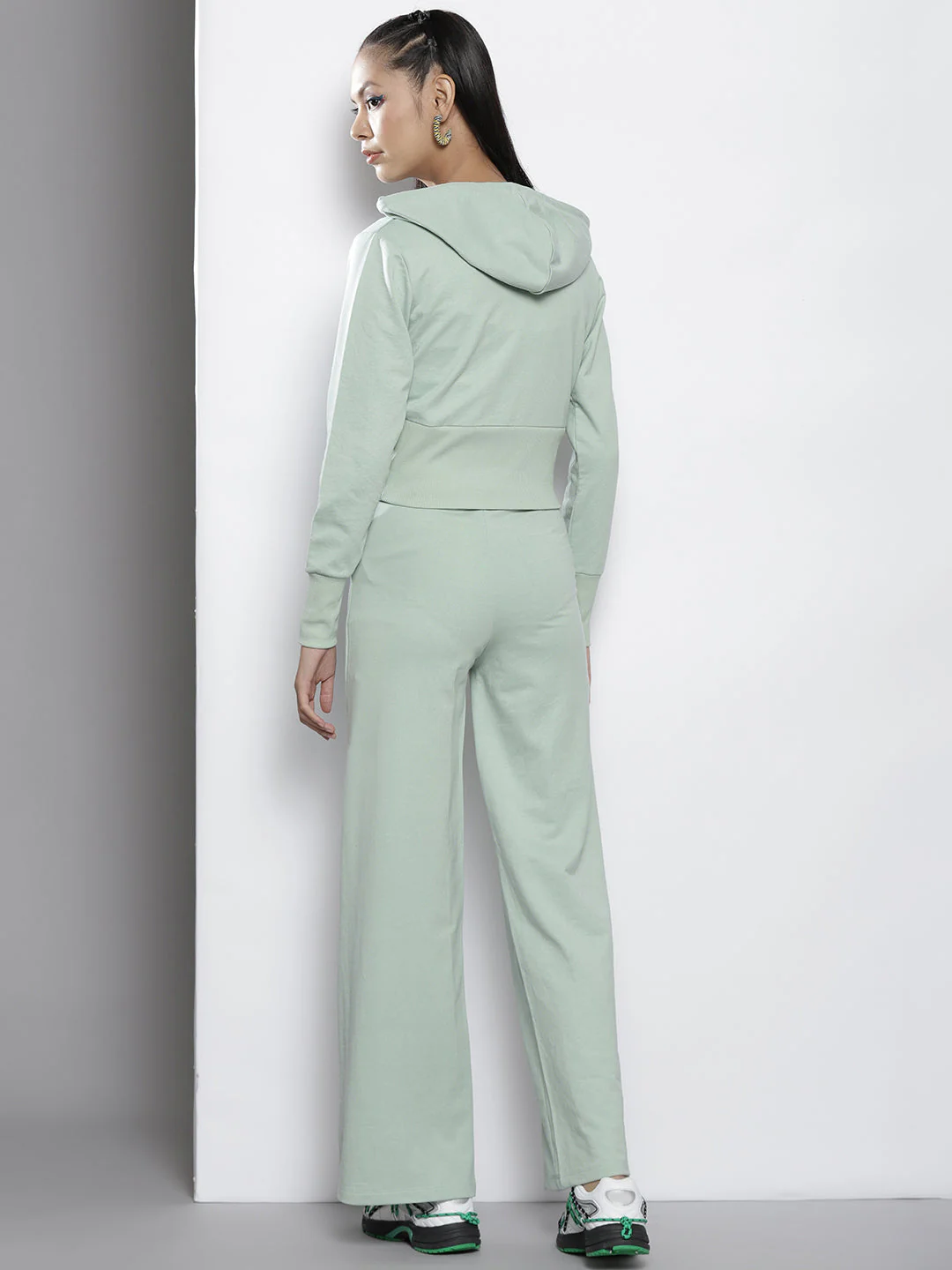 Women Sea Green Terry Hooded Jacket with Track Pants - Image 6