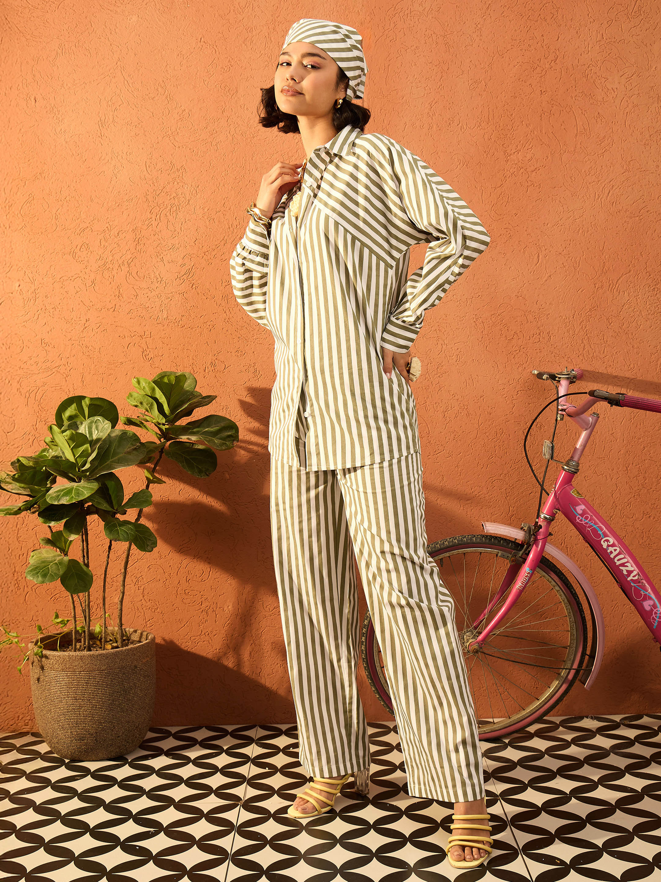 Women Sea Green & White Stripe Shirt With Straight Pants - Image 3