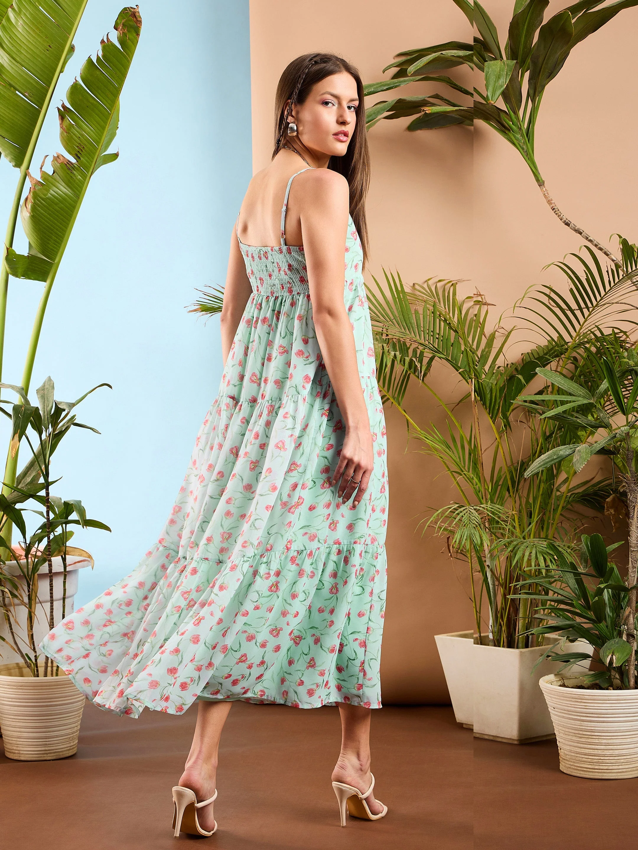 Women See Green Floral Strappy Tiered Maxi Dress - Image 2