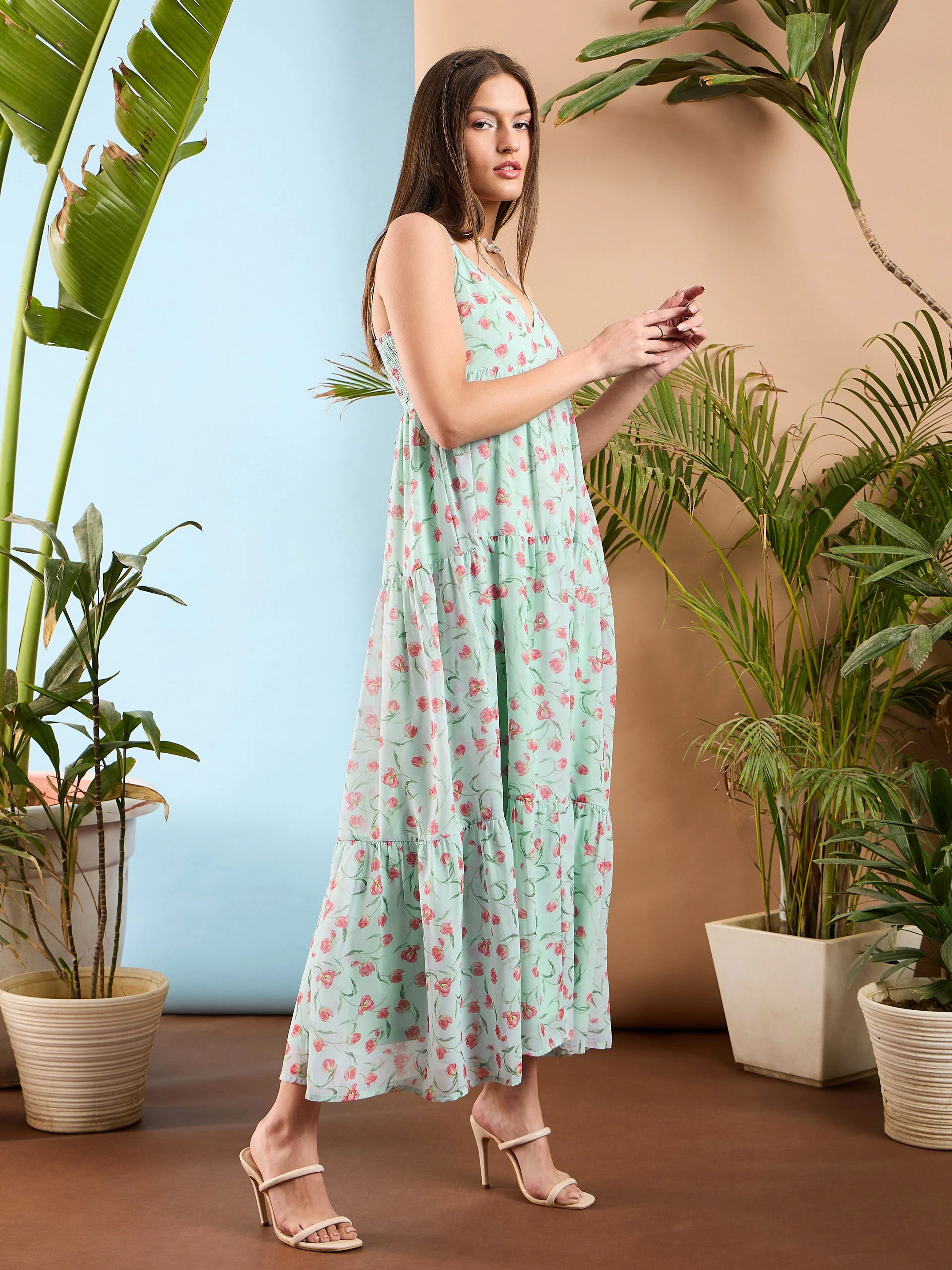 Women See Green Floral Strappy Tiered Maxi Dress - Image 4