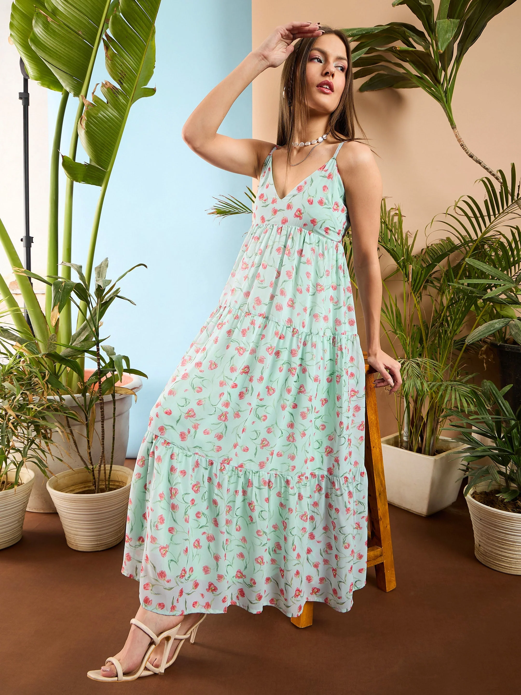 Women See Green Floral Strappy Tiered Maxi Dress - Image 5