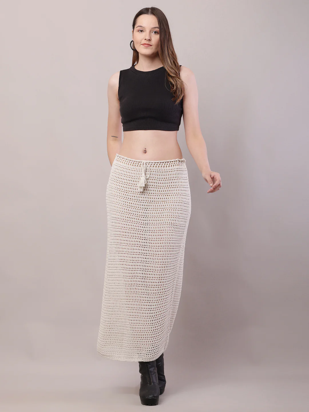 Women Sheer Crochet Off-White Maxi Skirt - Image 3