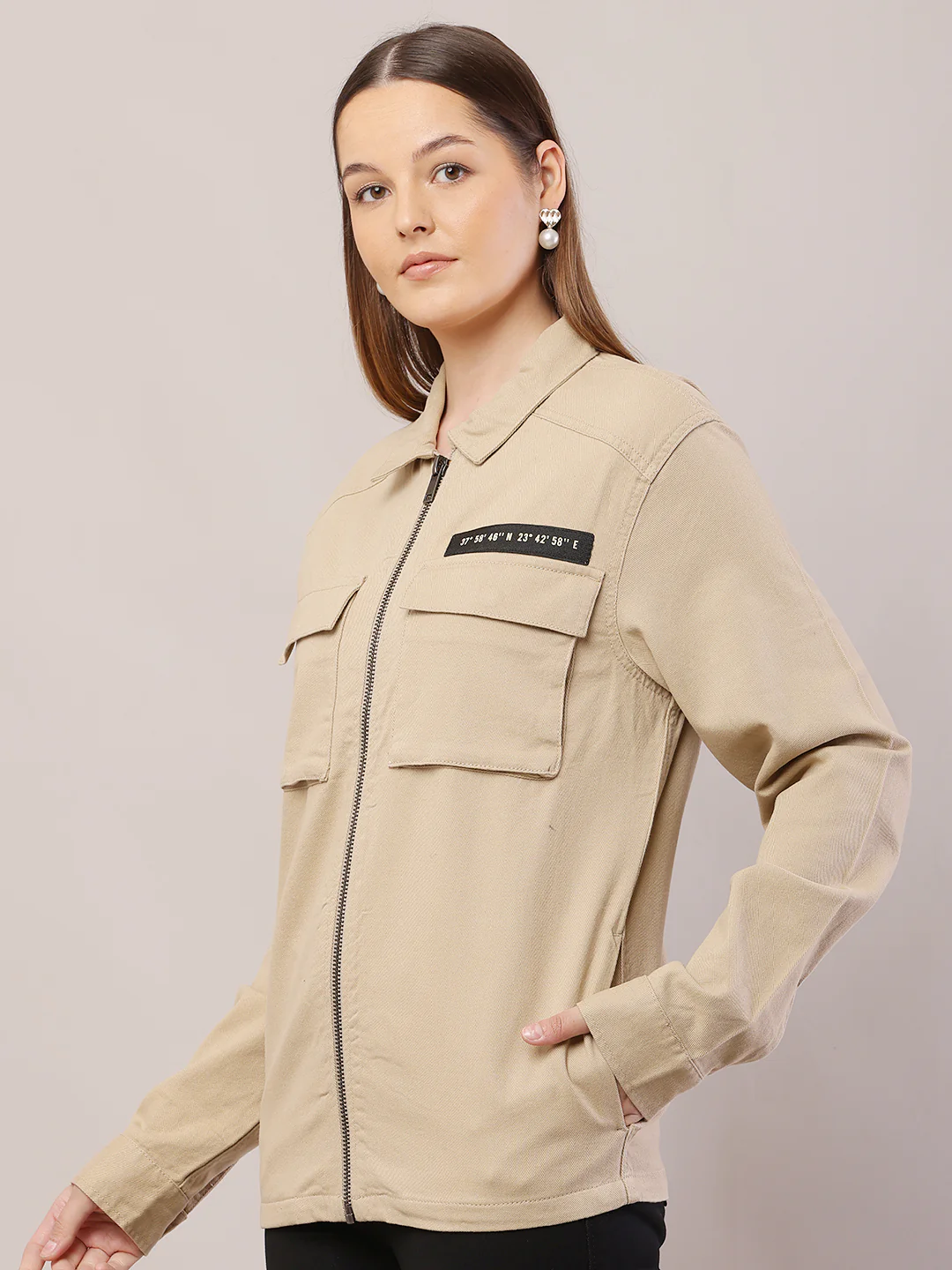 Women Shirt Collar Brown Jacket - Image 2