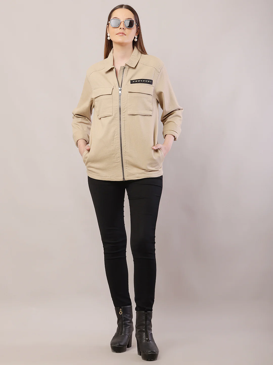 Women Shirt Collar Brown Jacket - Image 3