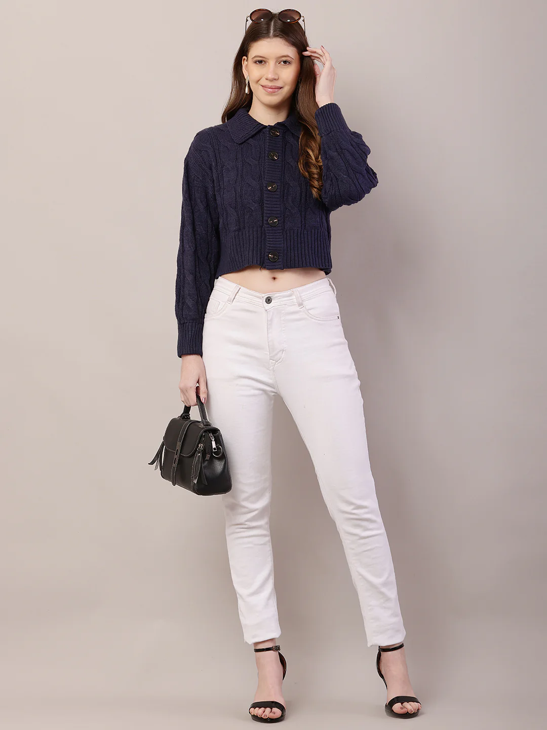 Women Shirt Collar Dark Blue Cardigan - Image 3