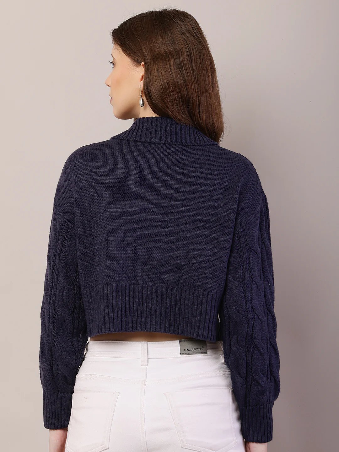Women Shirt Collar Dark Blue Cardigan - Image 4