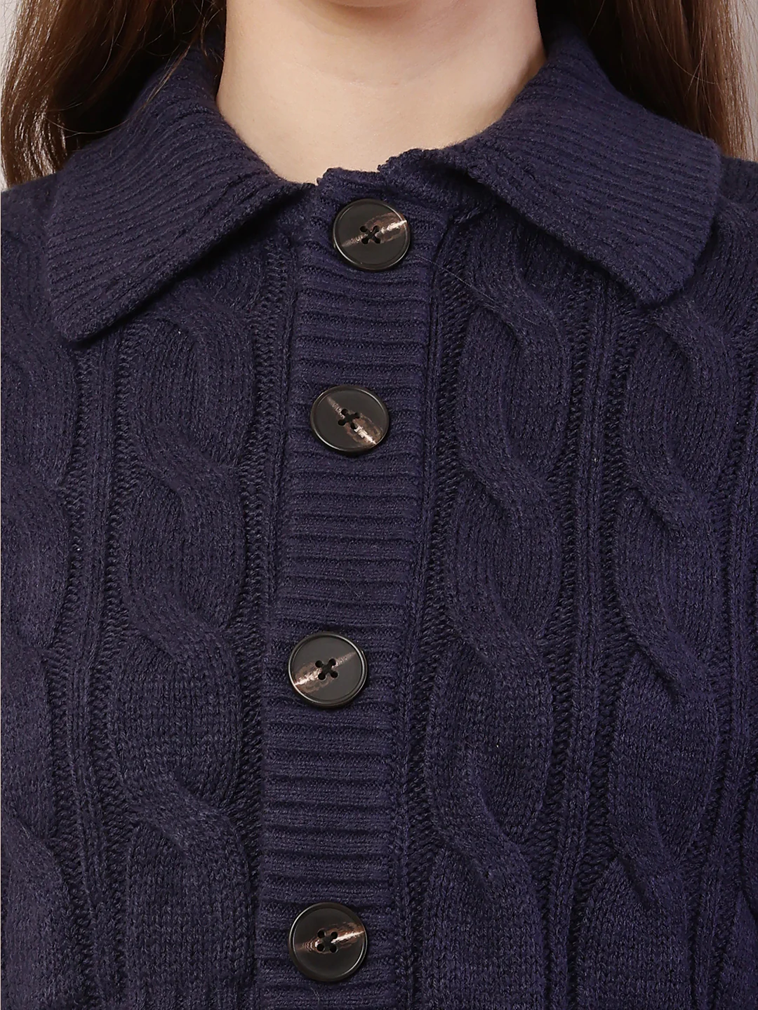 Women Shirt Collar Dark Blue Cardigan - Image 5