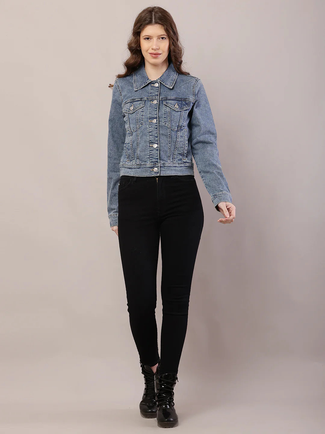 Women Shirt Collar Dark Blue Jacket - Image 3