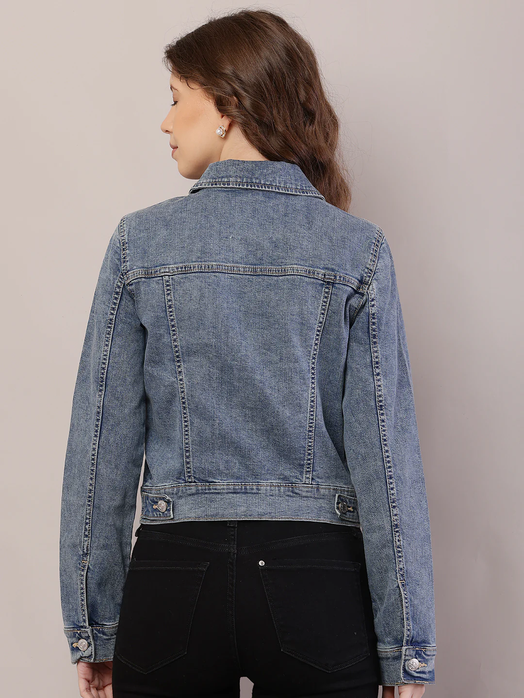 Women Shirt Collar Dark Blue Jacket - Image 4