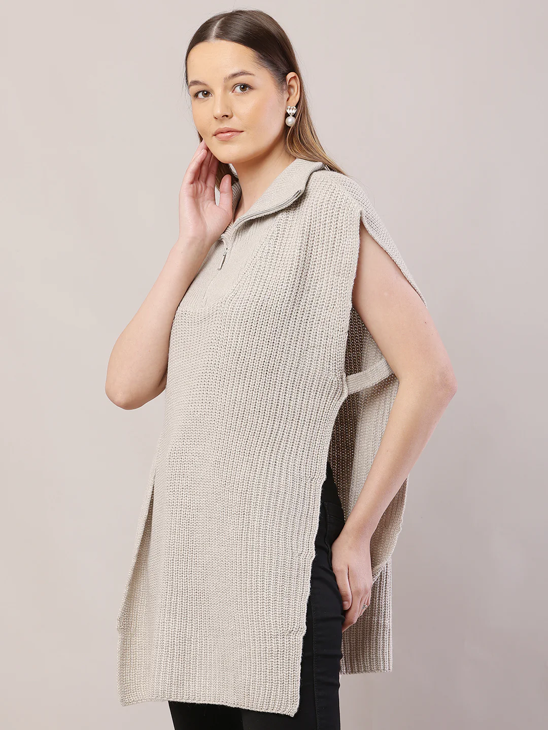Women Shirt Collar Grey Sweater - Image 2