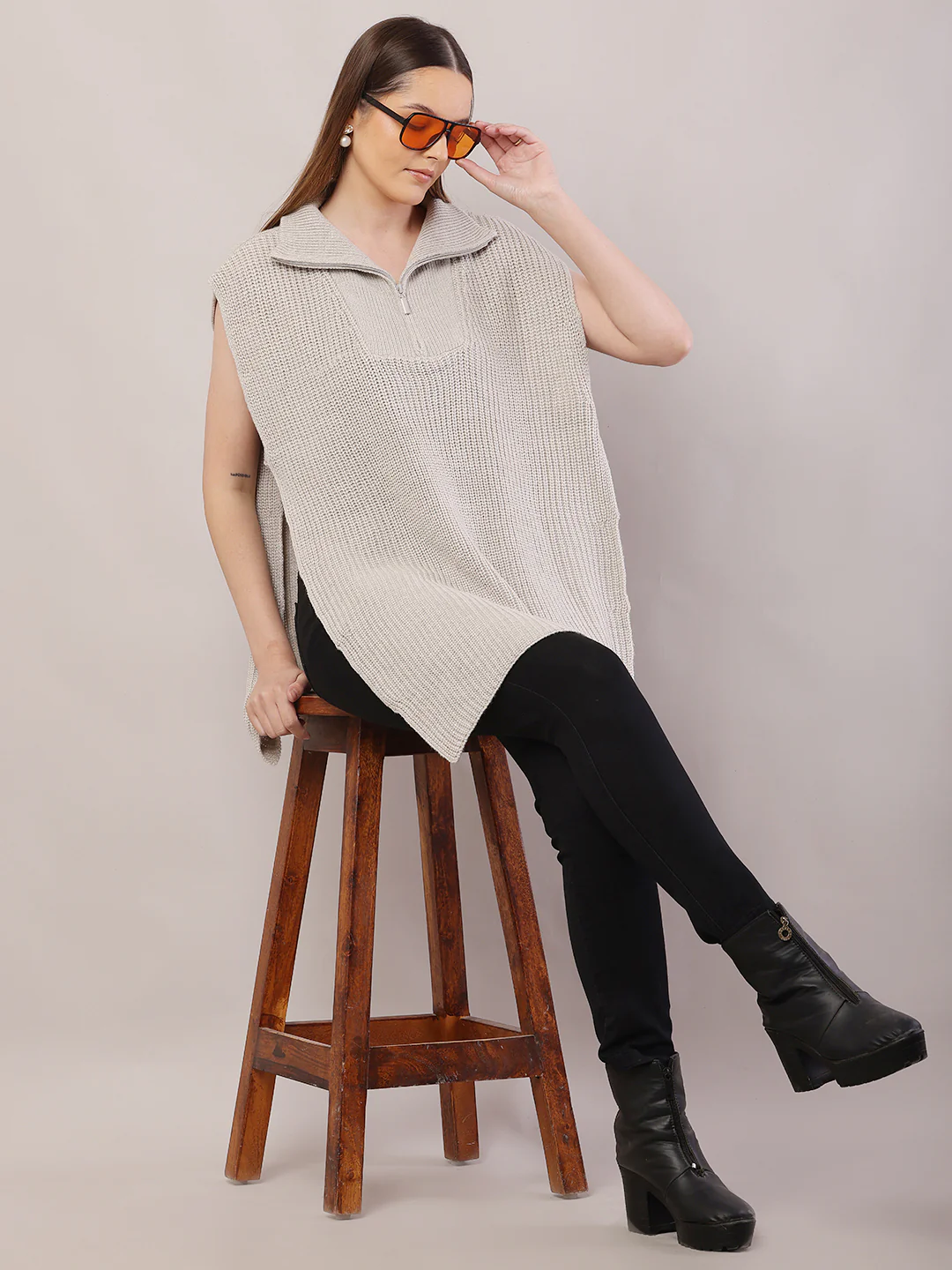 Women Shirt Collar Grey Sweater - Image 3