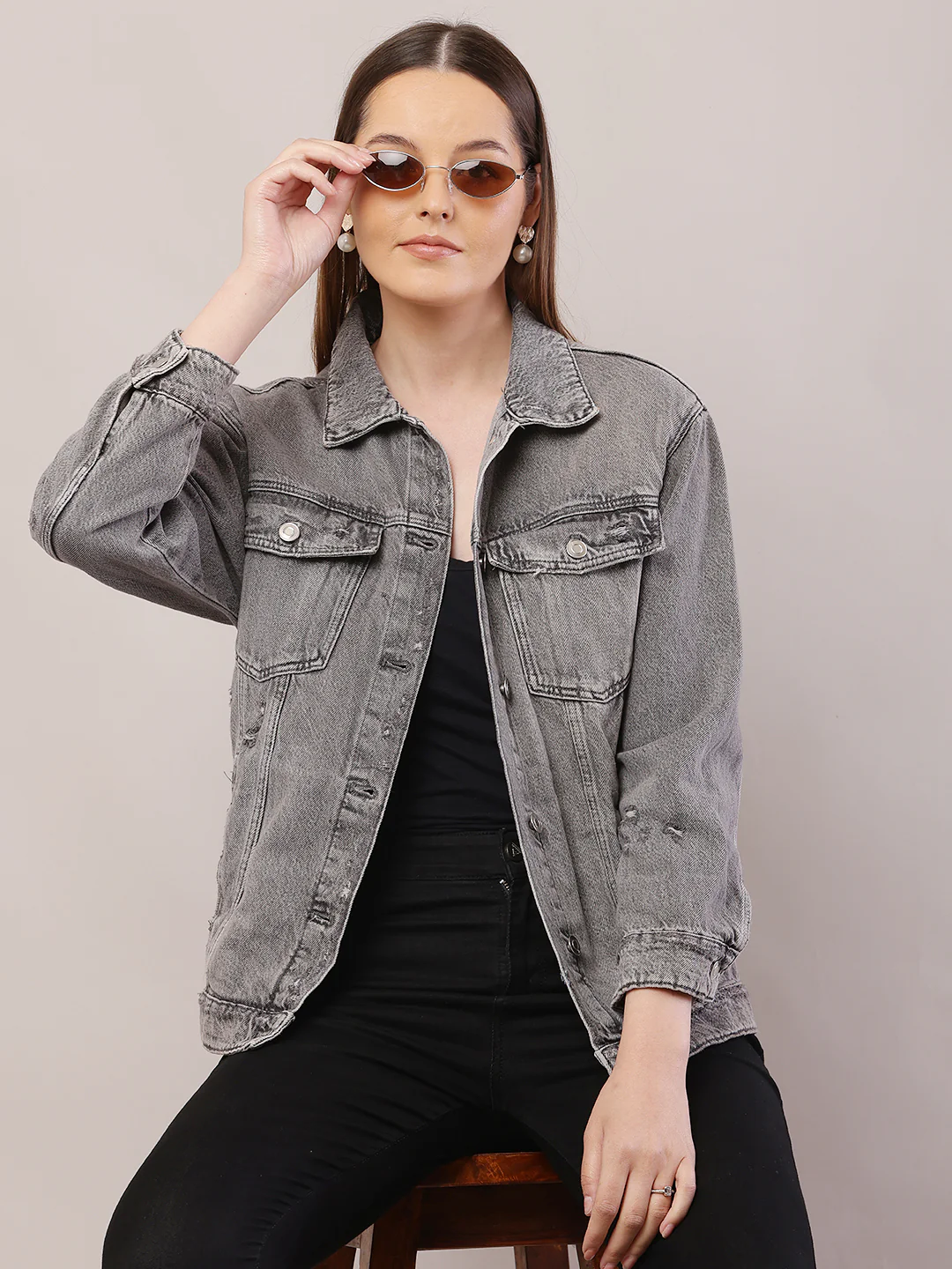 Women Shirt Collar Light Grey Jacket - Image 2