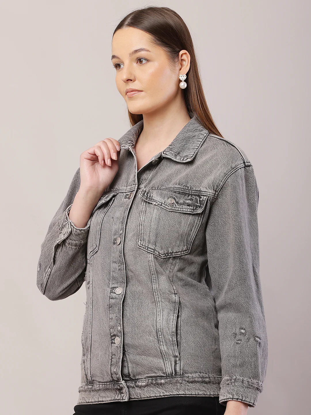 Women Shirt Collar Light Grey Jacket - Image 3
