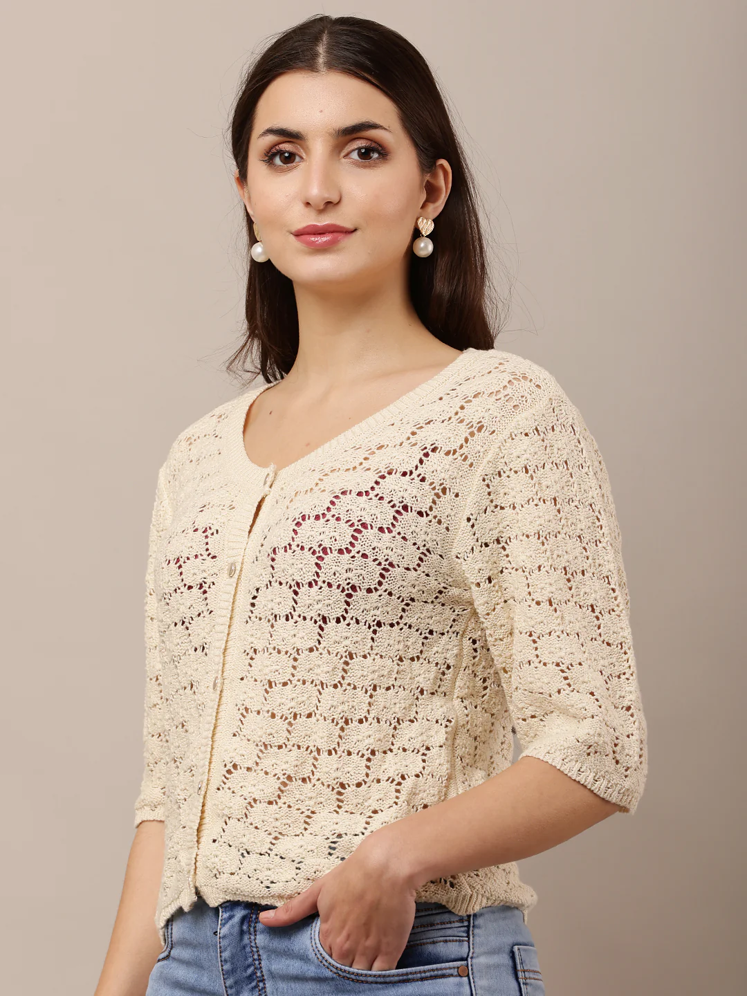 Women Short Sleeve Buttoned Cream Crochet Top - Image 2