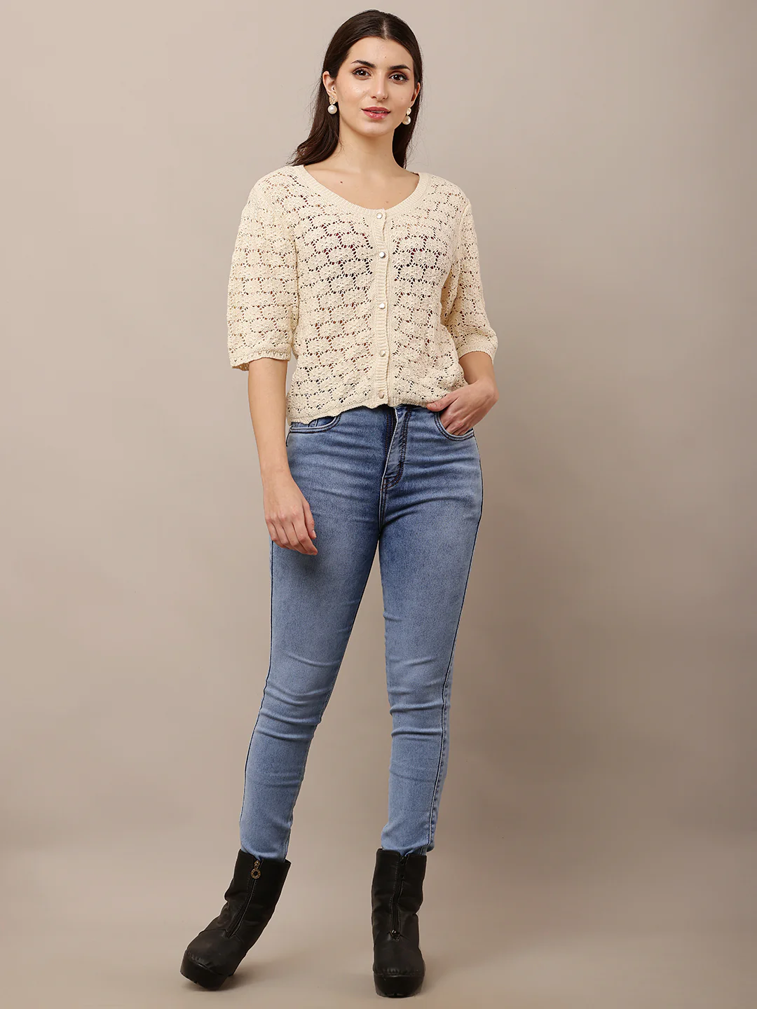 Women Short Sleeve Buttoned Cream Crochet Top - Image 3