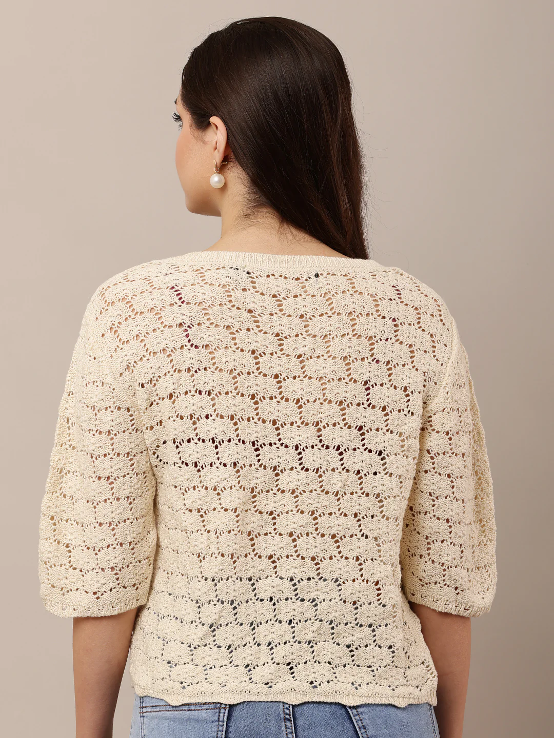 Women Short Sleeve Buttoned Cream Crochet Top - Image 4