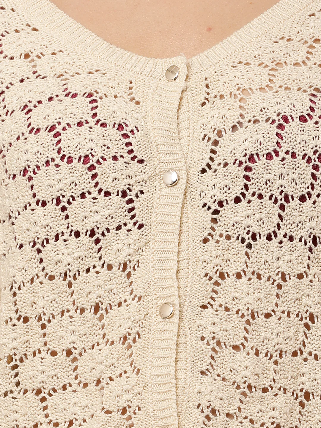 Women Short Sleeve Buttoned Cream Crochet Top - Image 5