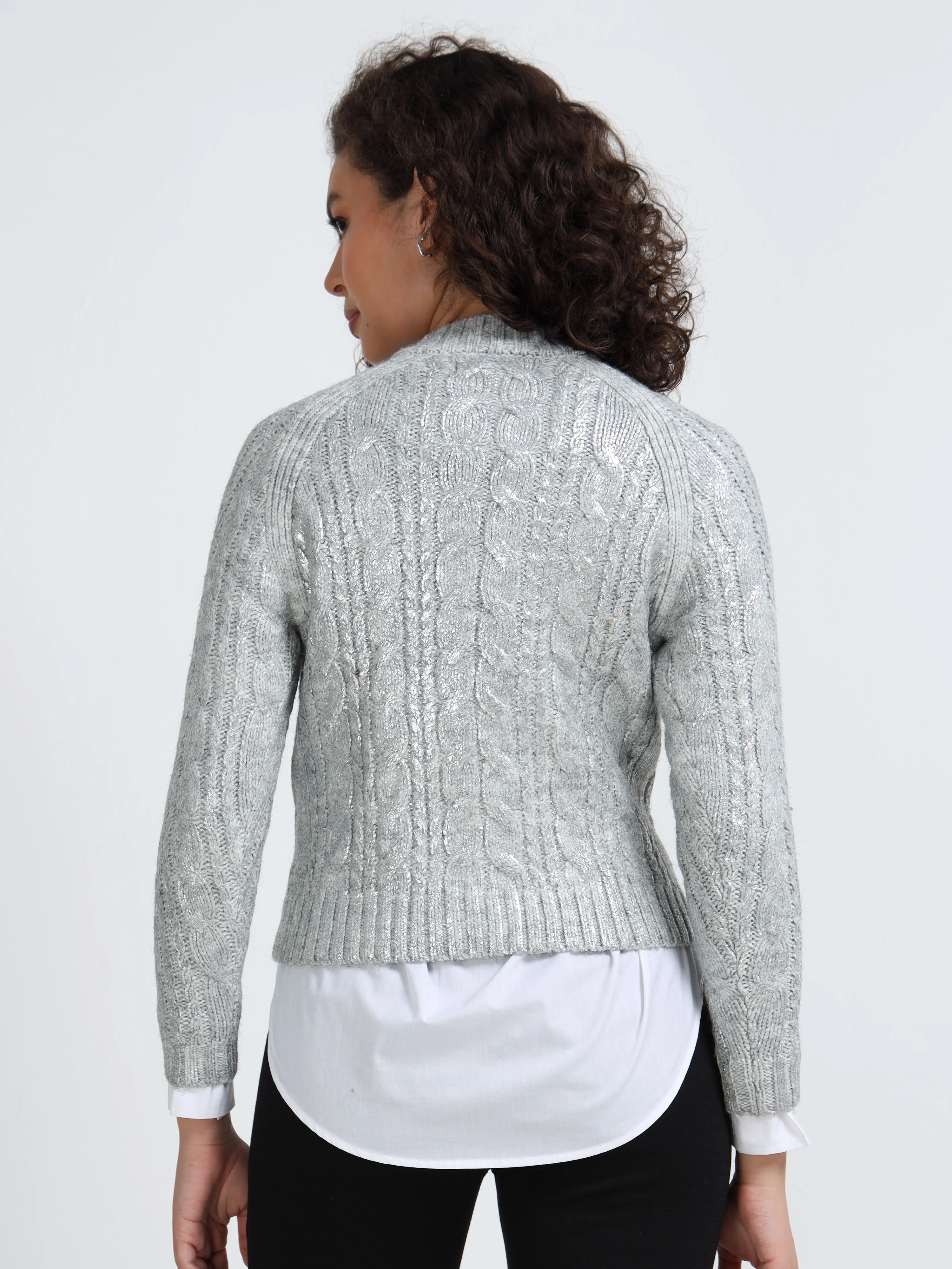Women Silver Cable Knit Sweater - Image 2