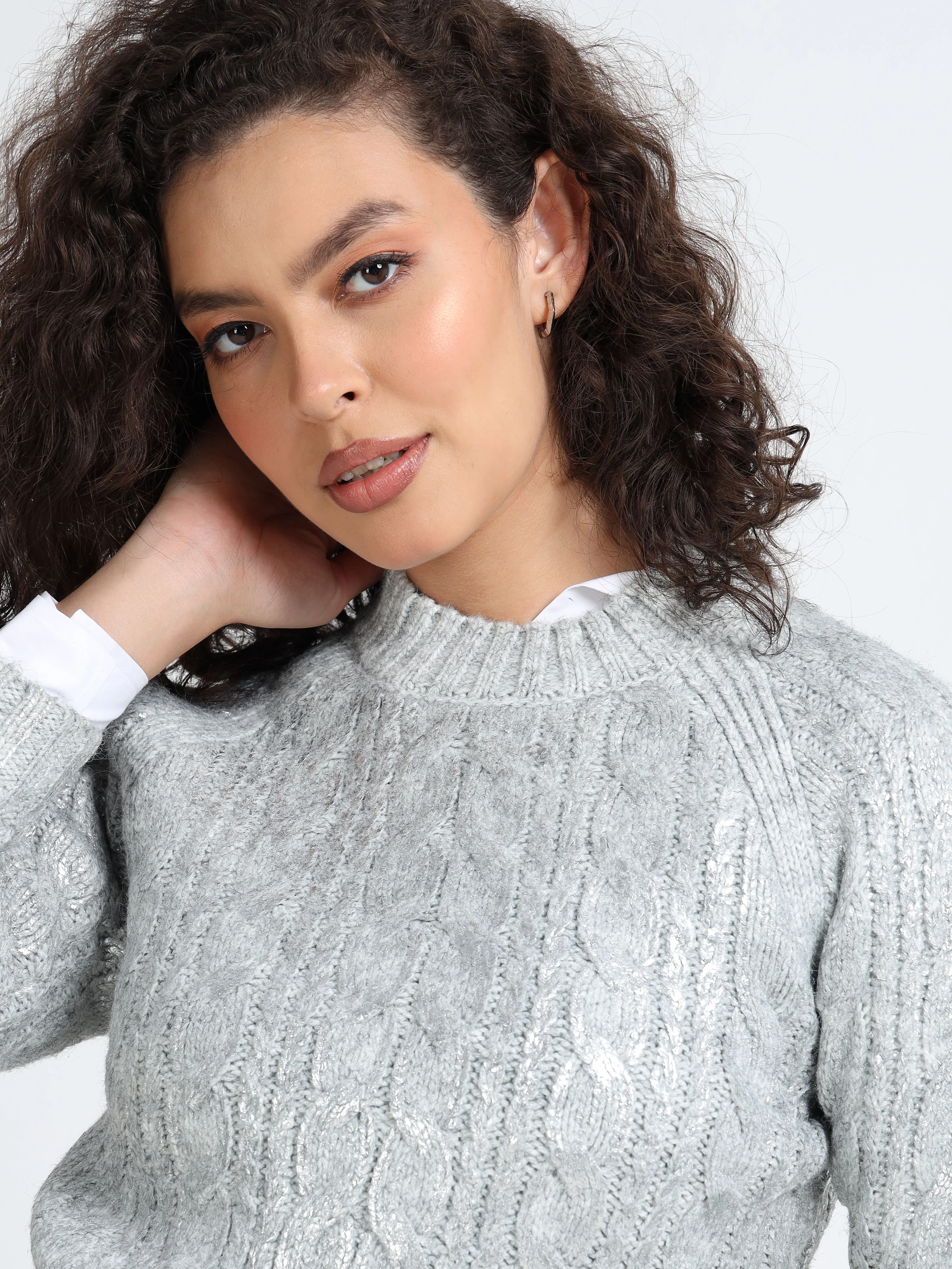 Women Silver Cable Knit Sweater - Image 3