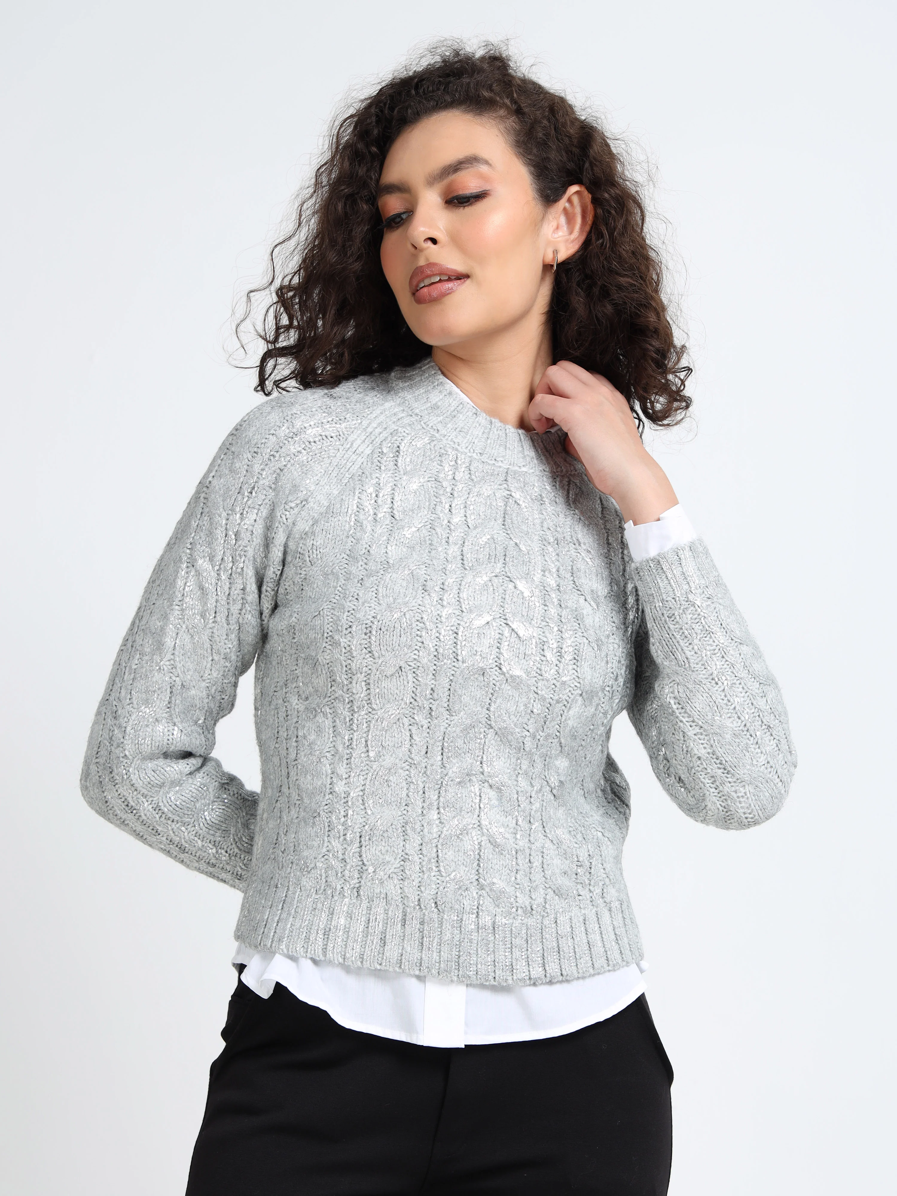 Women Silver Cable Knit Sweater - Image 5
