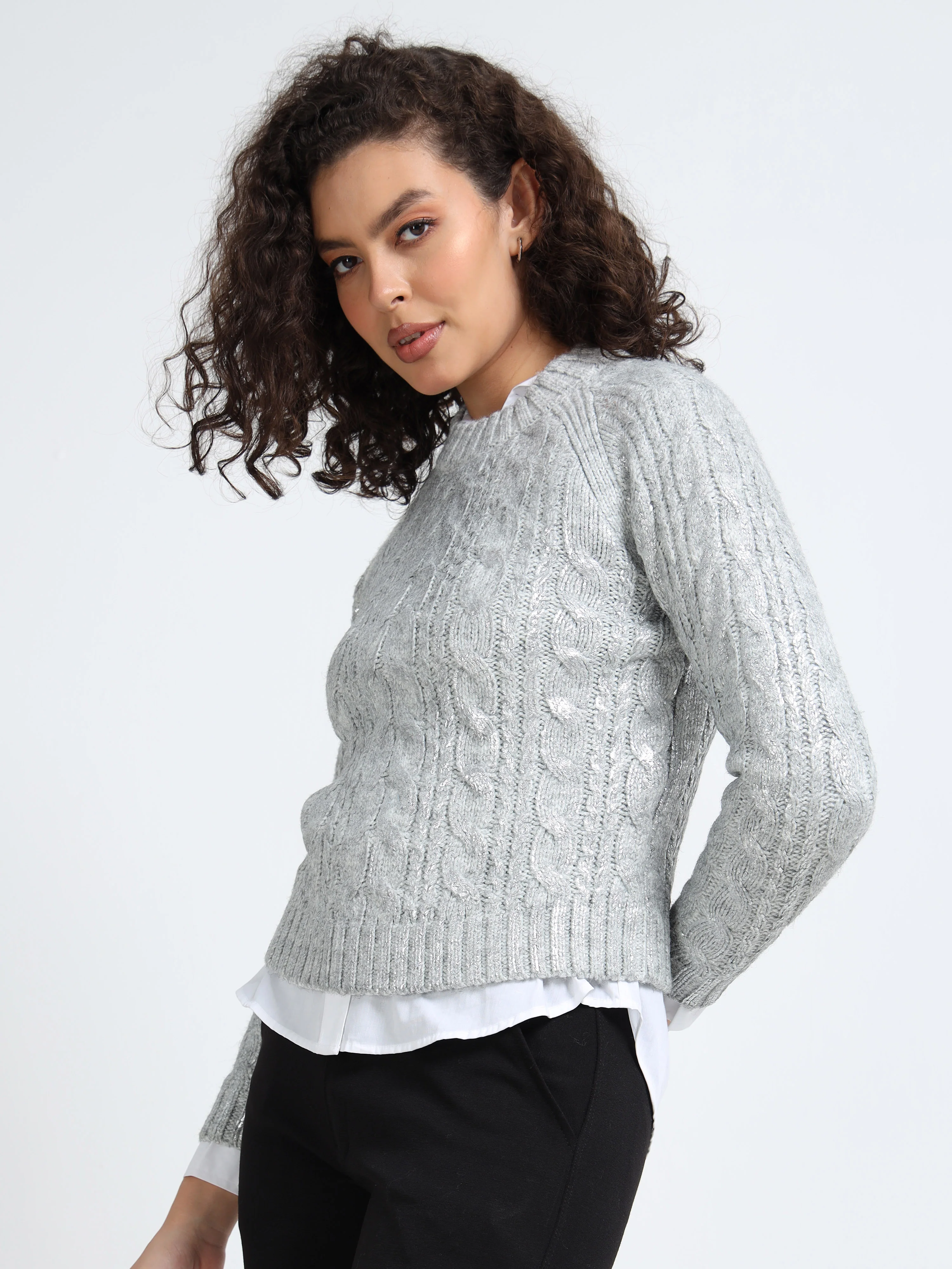 Women Silver Cable Knit Sweater - Image 6