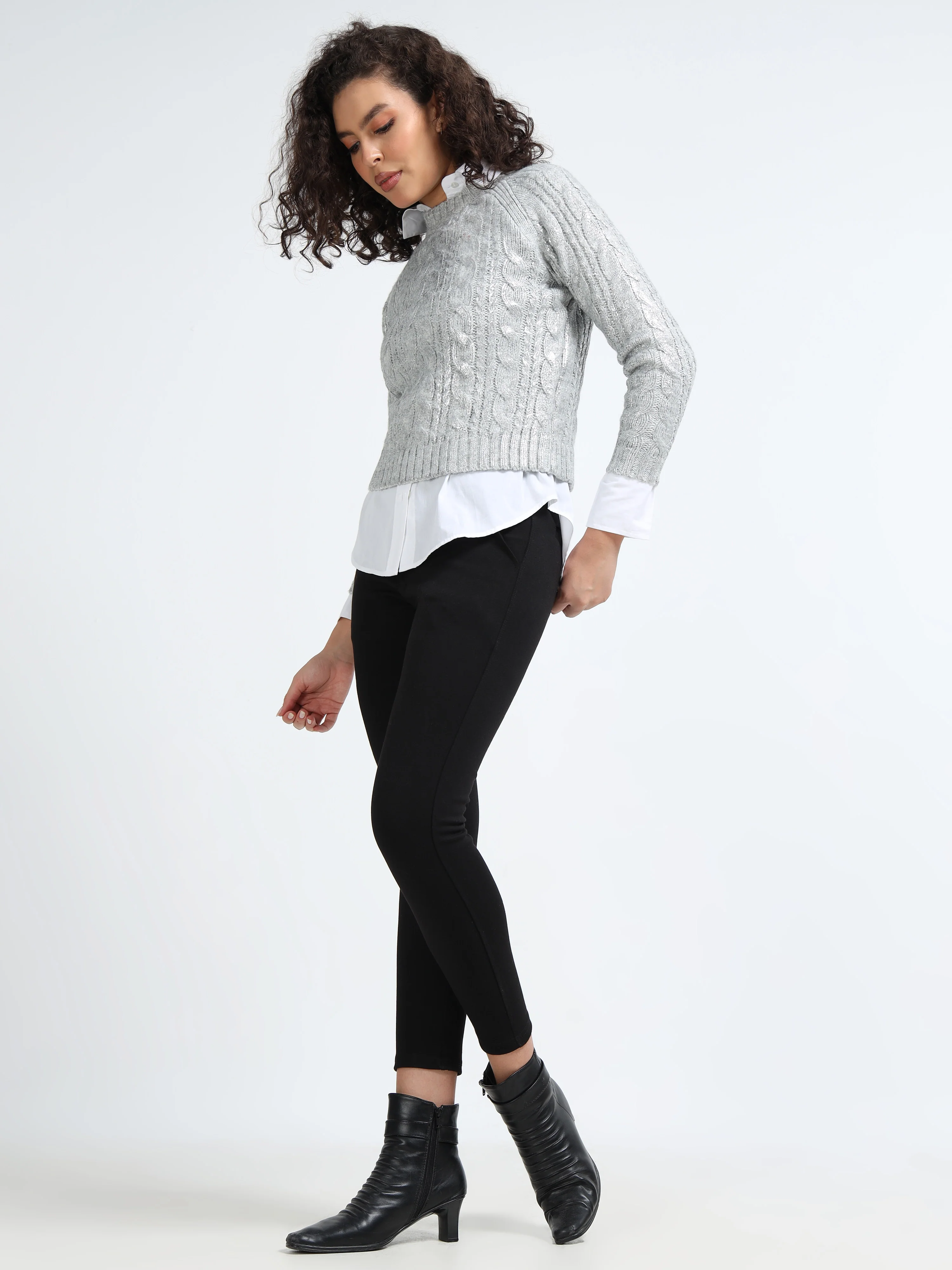 Women Silver Cable Knit Sweater - Image 7