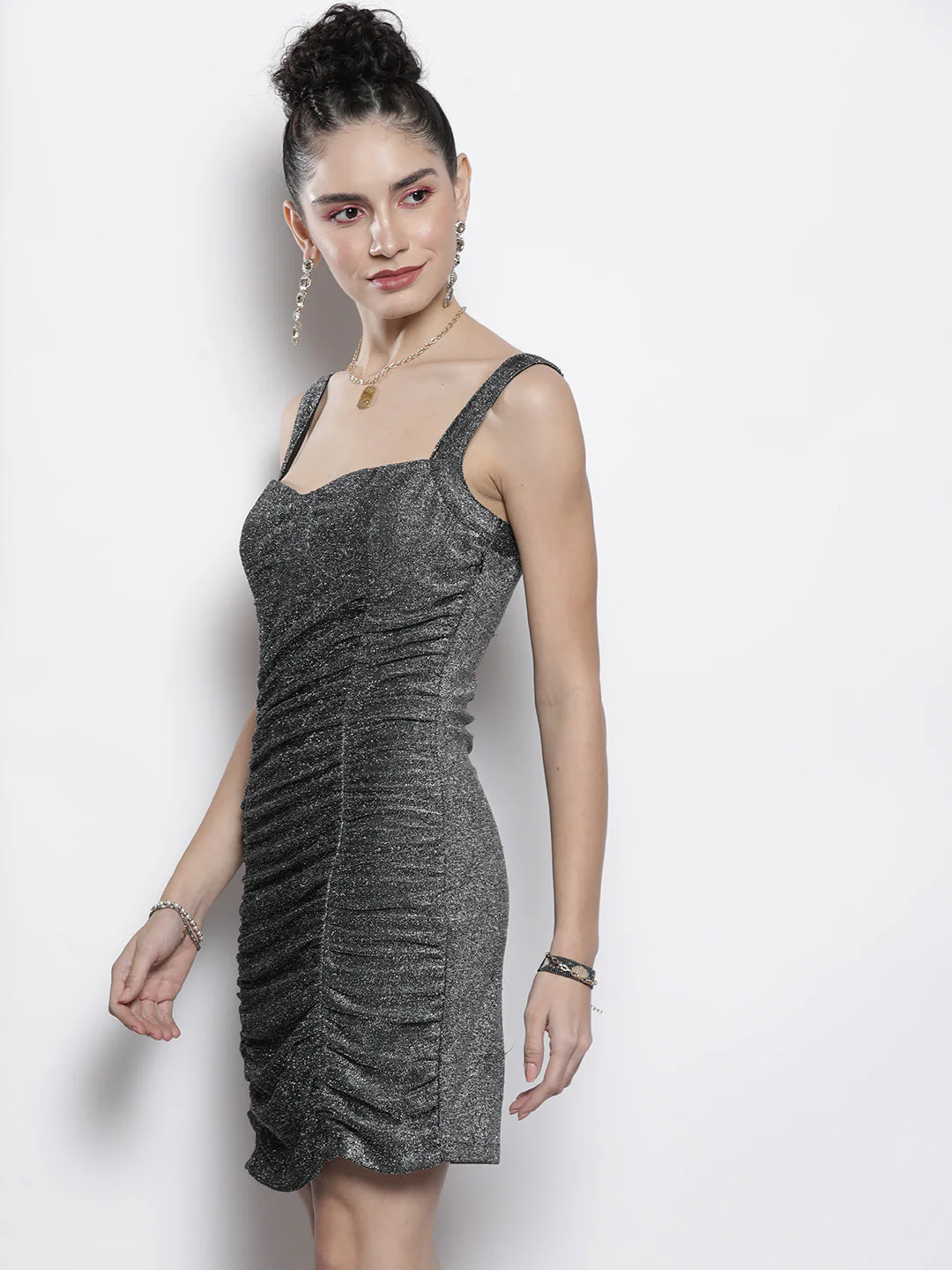 Women Silver Lurex Ruched Bodycon Dress - Image 3